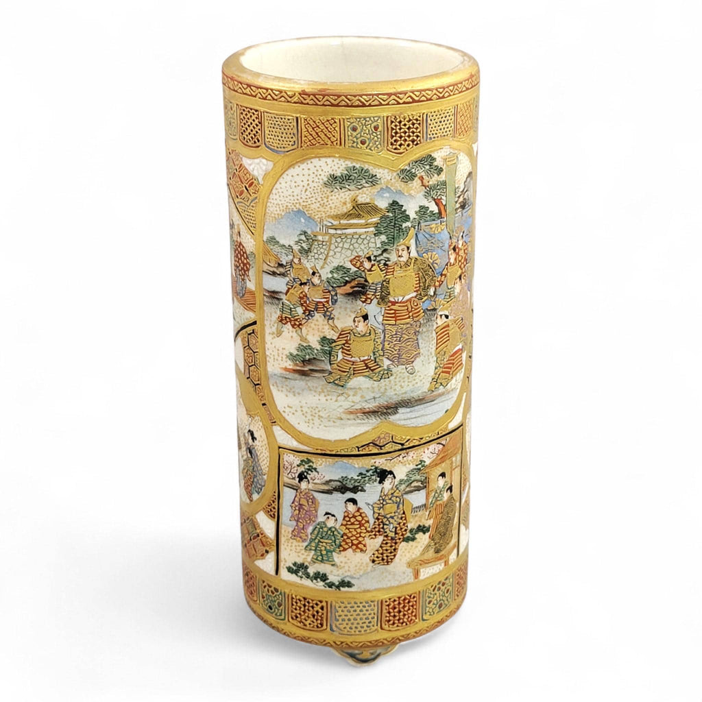Antique Meiji Japanese Satsuma Vase with Samurai & Ladies, Cylindrical Form, Shimazu Mark