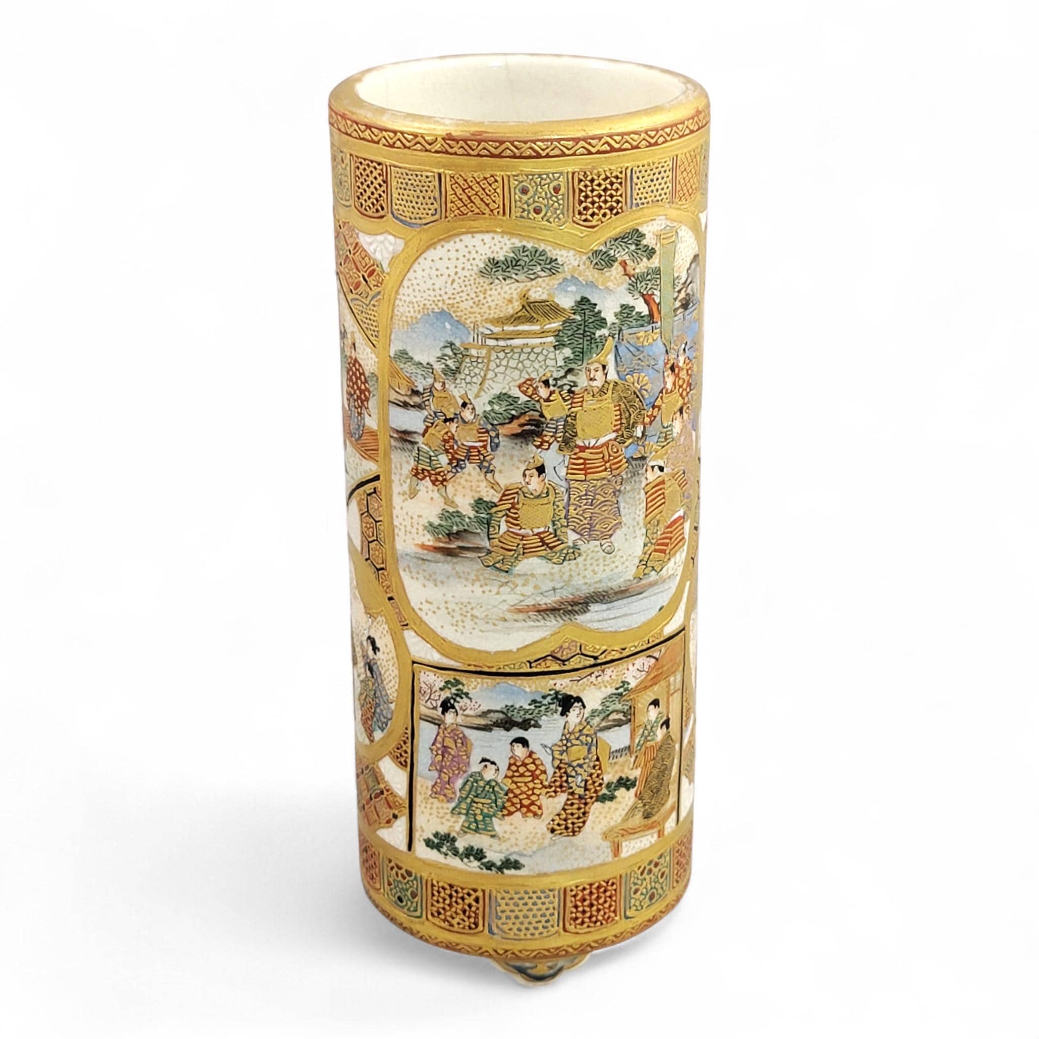 Antique Meiji Japanese Satsuma Vase with Samurai & Ladies, Cylindrical Form, Shimazu Mark