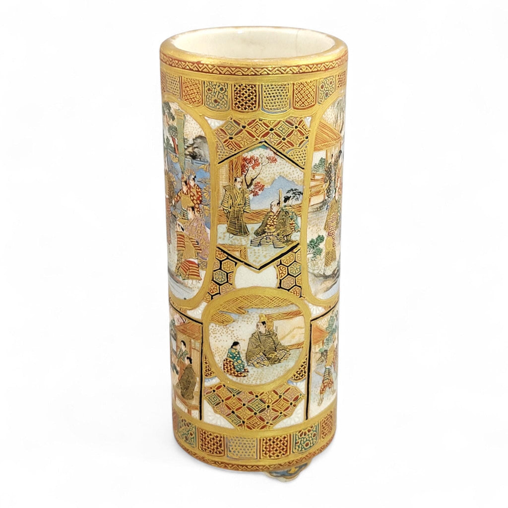 Antique Meiji Japanese Satsuma Vase with Samurai & Ladies, Cylindrical Form, Shimazu Mark