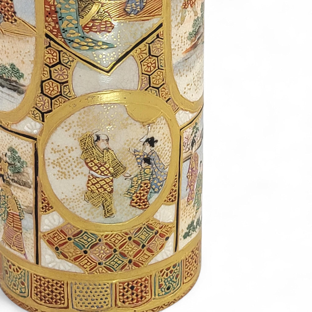 Antique Meiji Japanese Satsuma Vase with Samurai & Ladies, Cylindrical Form, Shimazu Mark