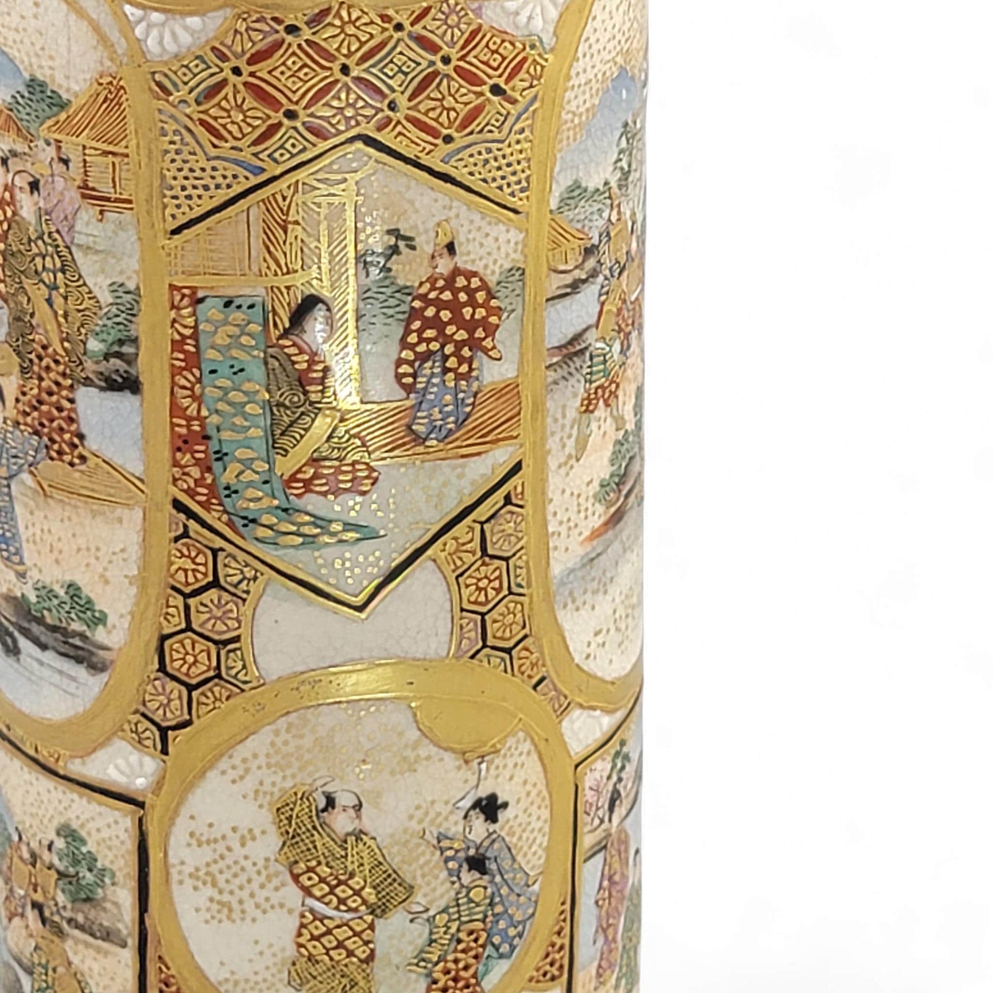 Antique Meiji Japanese Satsuma Vase with Samurai & Ladies, Cylindrical Form, Shimazu Mark