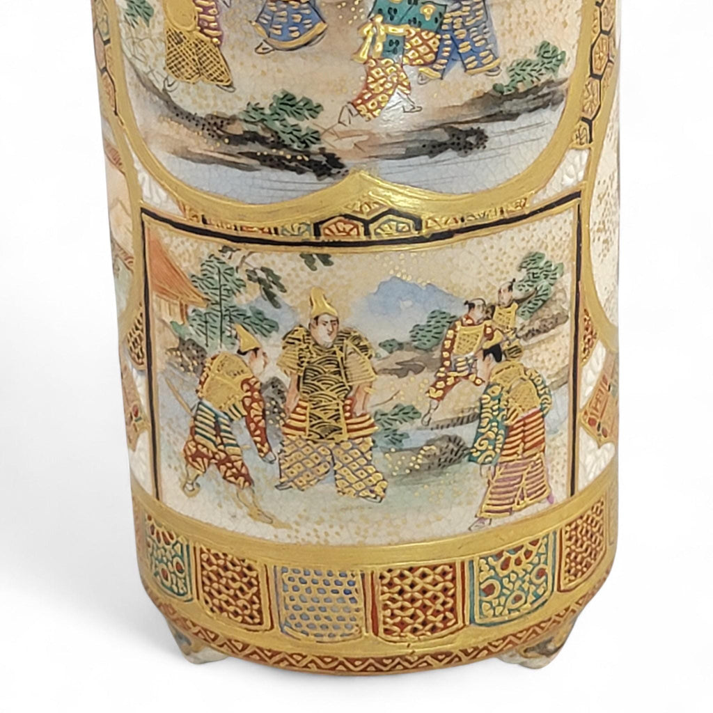 Antique Meiji Japanese Satsuma Vase with Samurai & Ladies, Cylindrical Form, Shimazu Mark