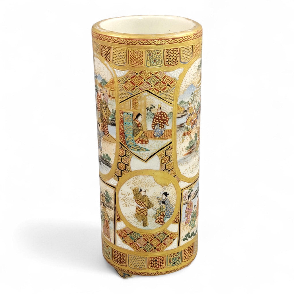 Antique Meiji Japanese Satsuma Vase with Samurai & Ladies, Cylindrical Form, Shimazu Mark