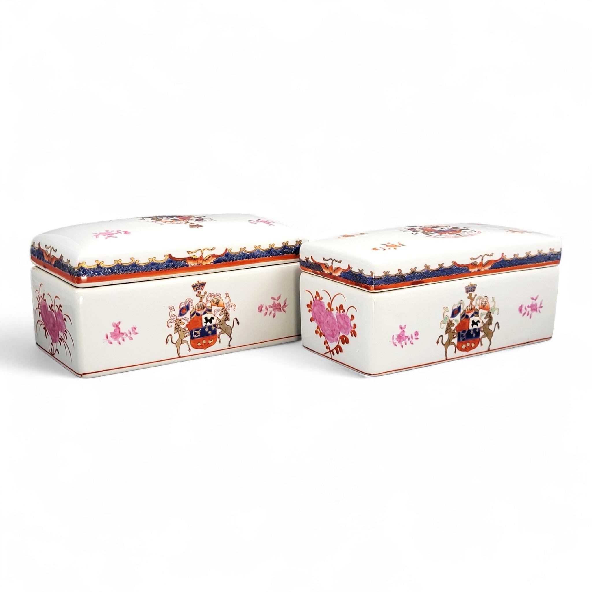 Hong Kong Famille-Rose Armorial Porcelain Boxes, Matching Pair, 20th Century