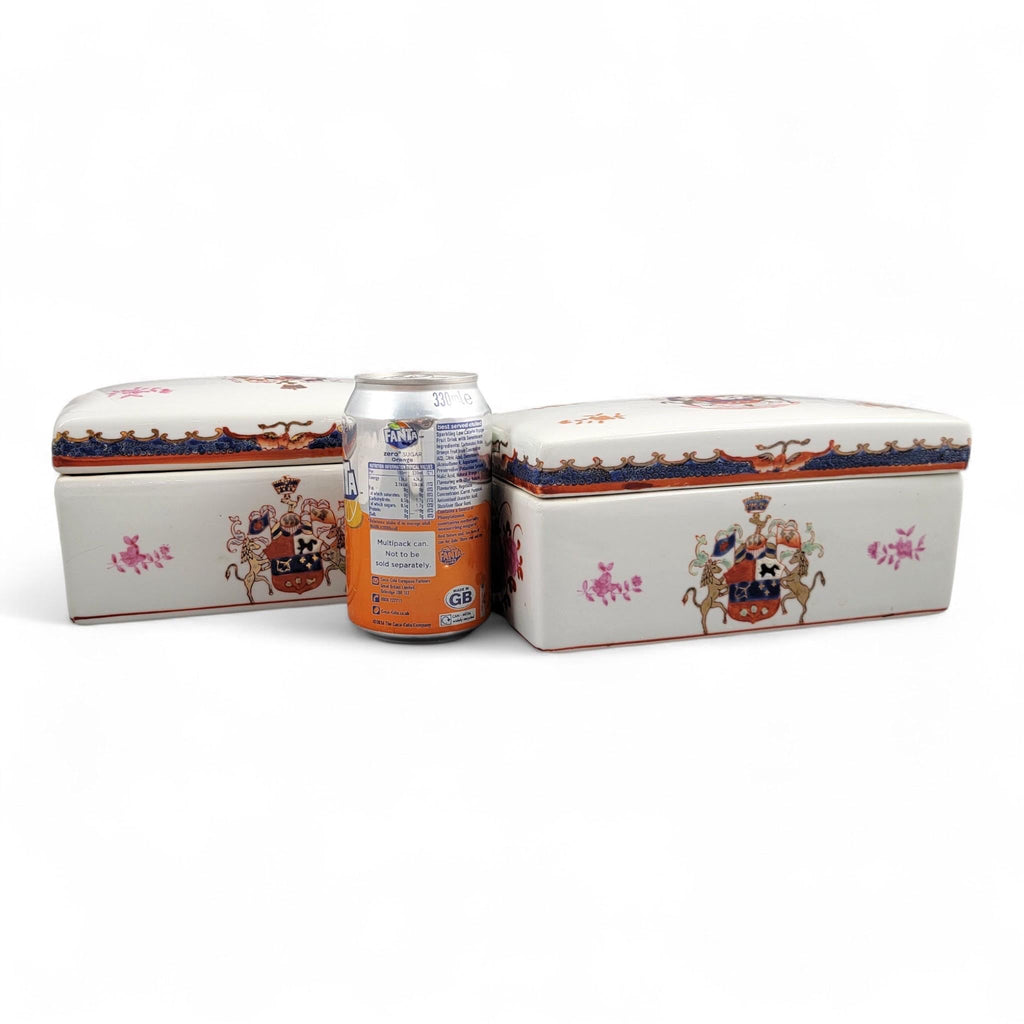 Hong Kong Famille-Rose Armorial Porcelain Boxes, Matching Pair, 20th Century