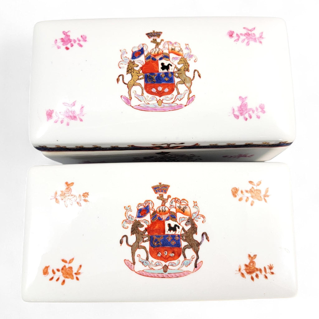 Hong Kong Famille-Rose Armorial Porcelain Boxes, Matching Pair, 20th Century