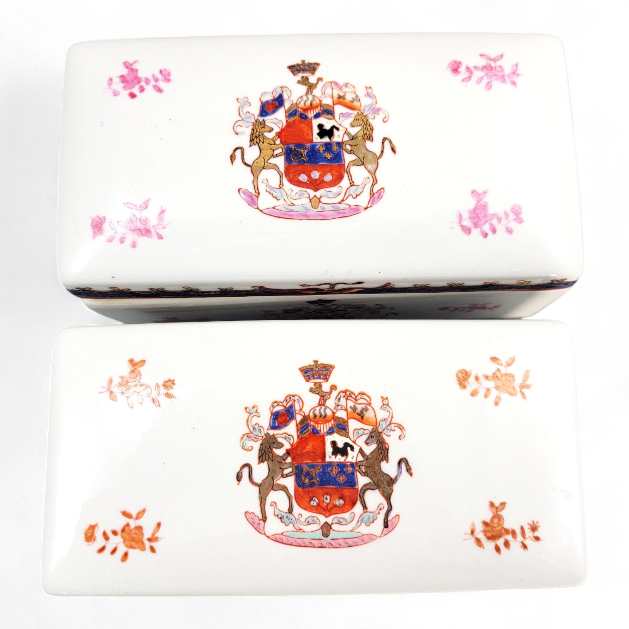 Hong Kong Famille-Rose Armorial Porcelain Boxes, Matching Pair, 20th Century
