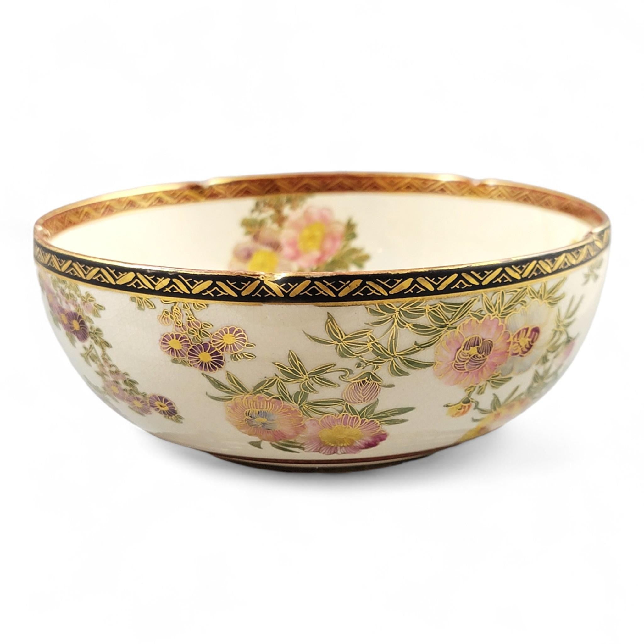 Meiji Japanese Satsuma floral bowl by Nikko, Shimazu crest c.1890–1910