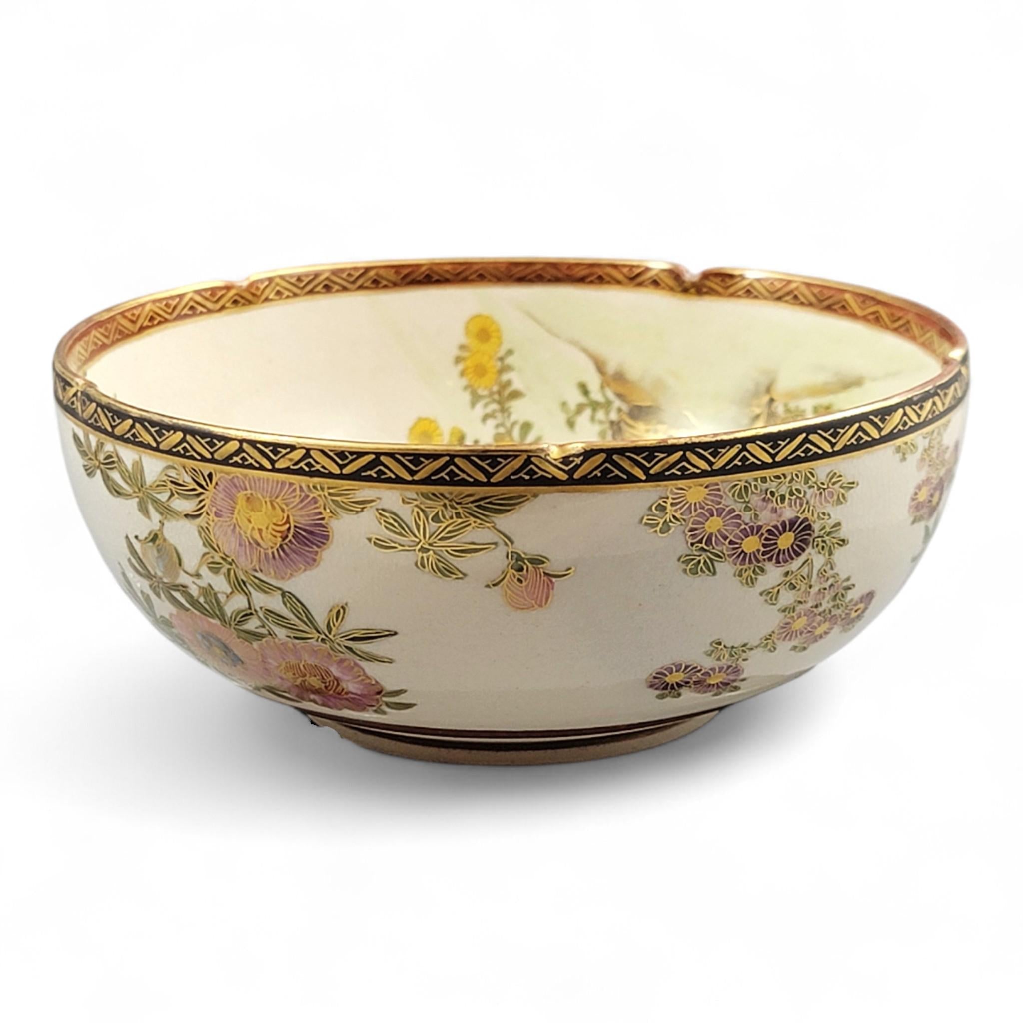 Meiji Japanese Satsuma floral bowl by Nikko, Shimazu crest c.1890–1910