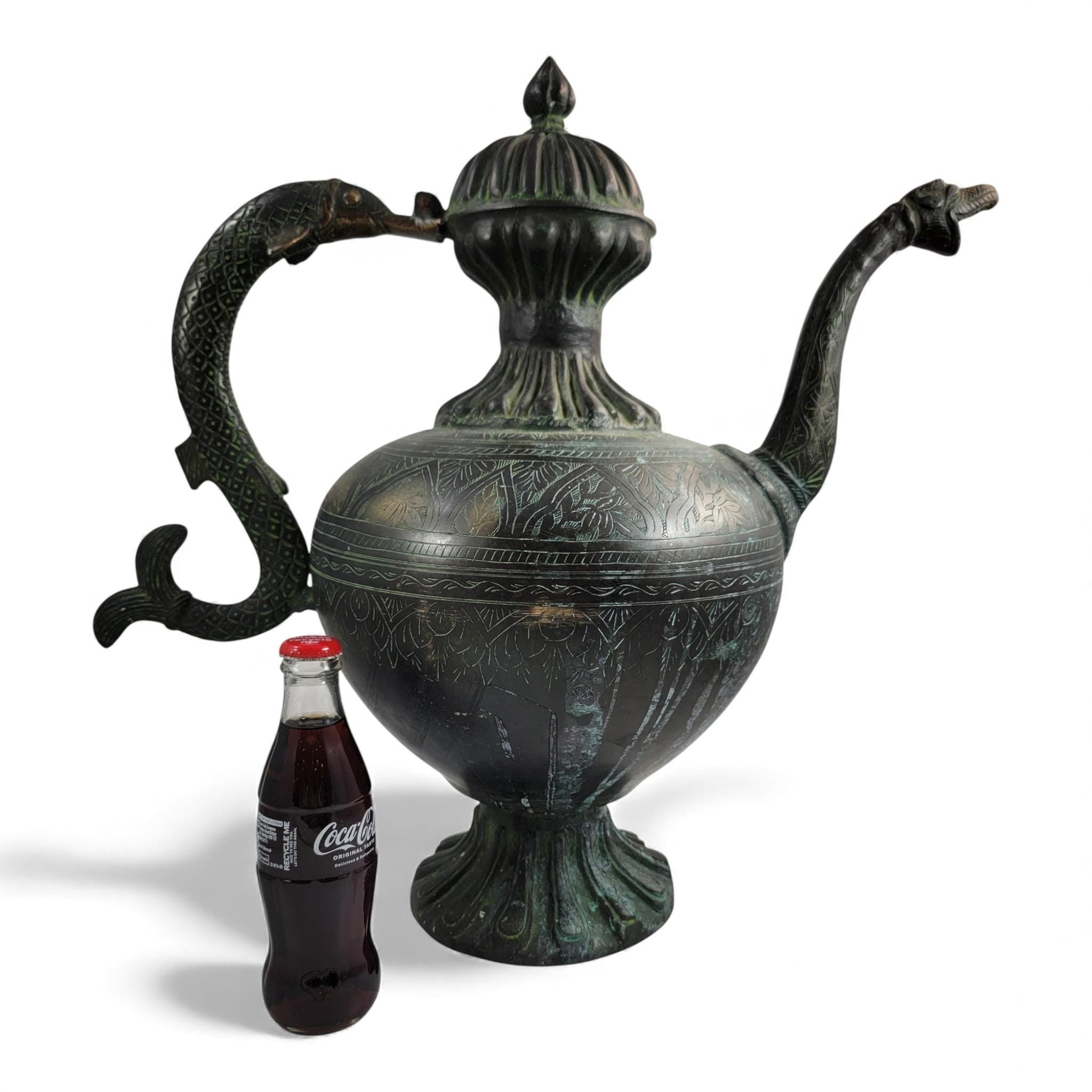 Monumental Indian bronze aftaba with makara handle, c. 1850