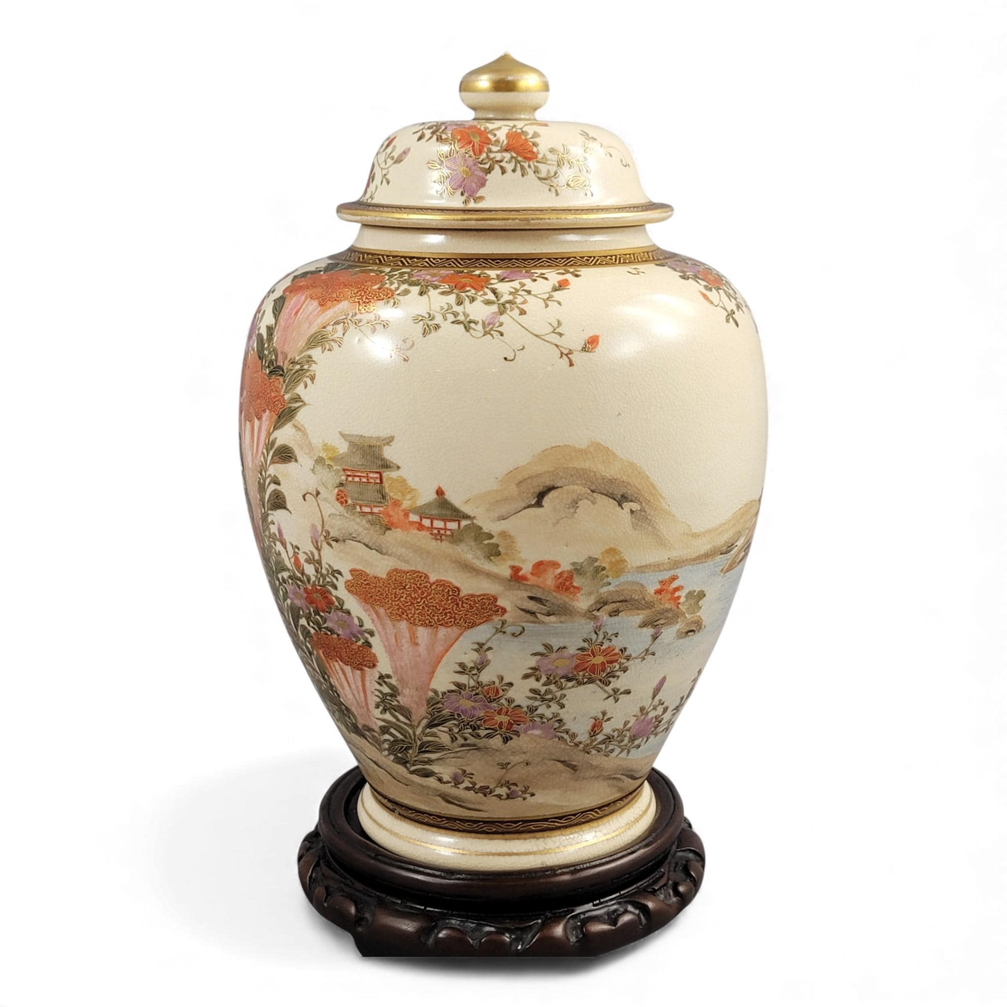 Antique Kyoto Satsuma landscape jar signed Yamashu, Meiji c.1890