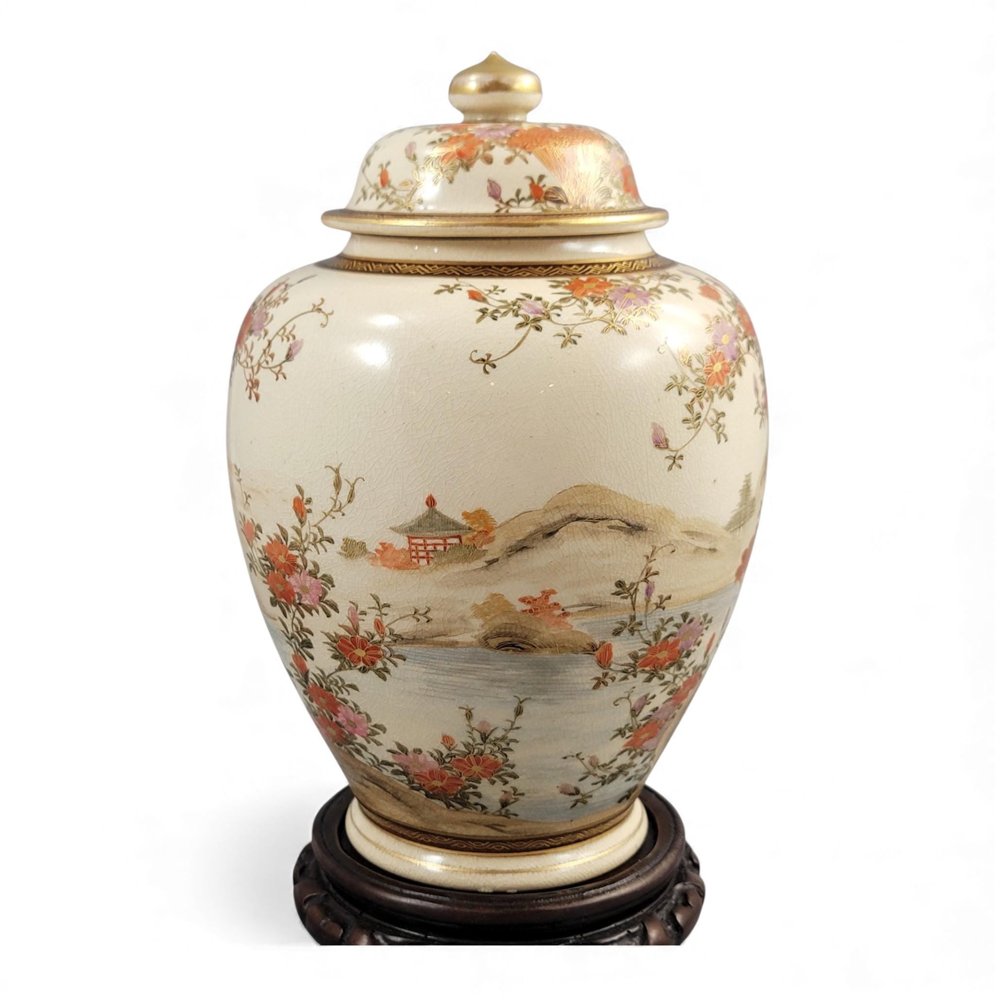 Antique Kyoto Satsuma landscape jar signed Yamashu, Meiji c.1890