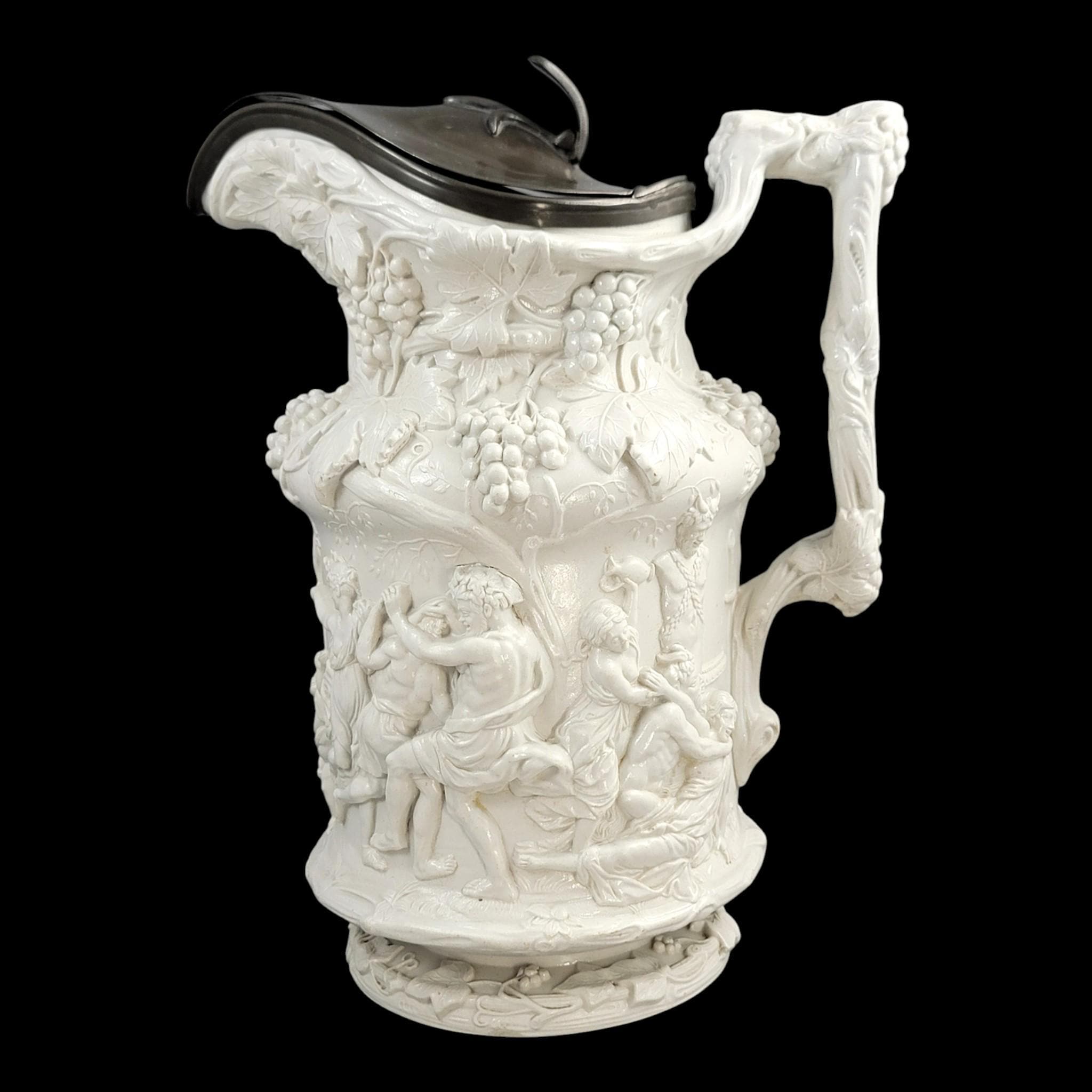 Charles Meigh Bacchanalian Dance large pitcher with pewter lid, 1844