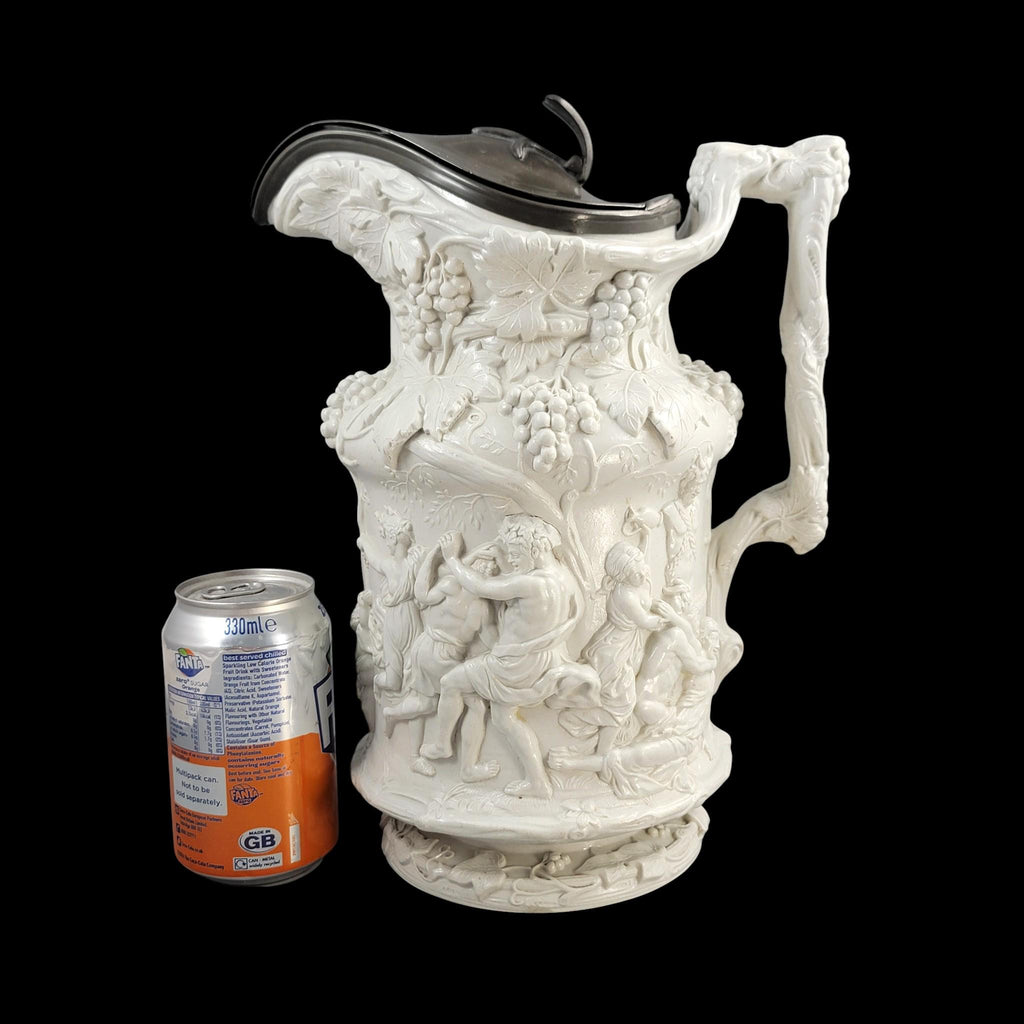 Charles Meigh Bacchanalian Dance large pitcher with pewter lid, 1844