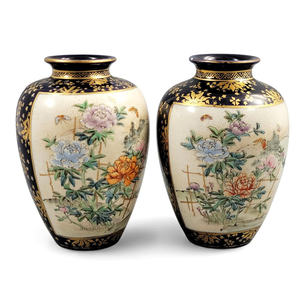 Kinkozan Kyoto Satsuma Cobalt & Gold Vase Pair Meiji Japan