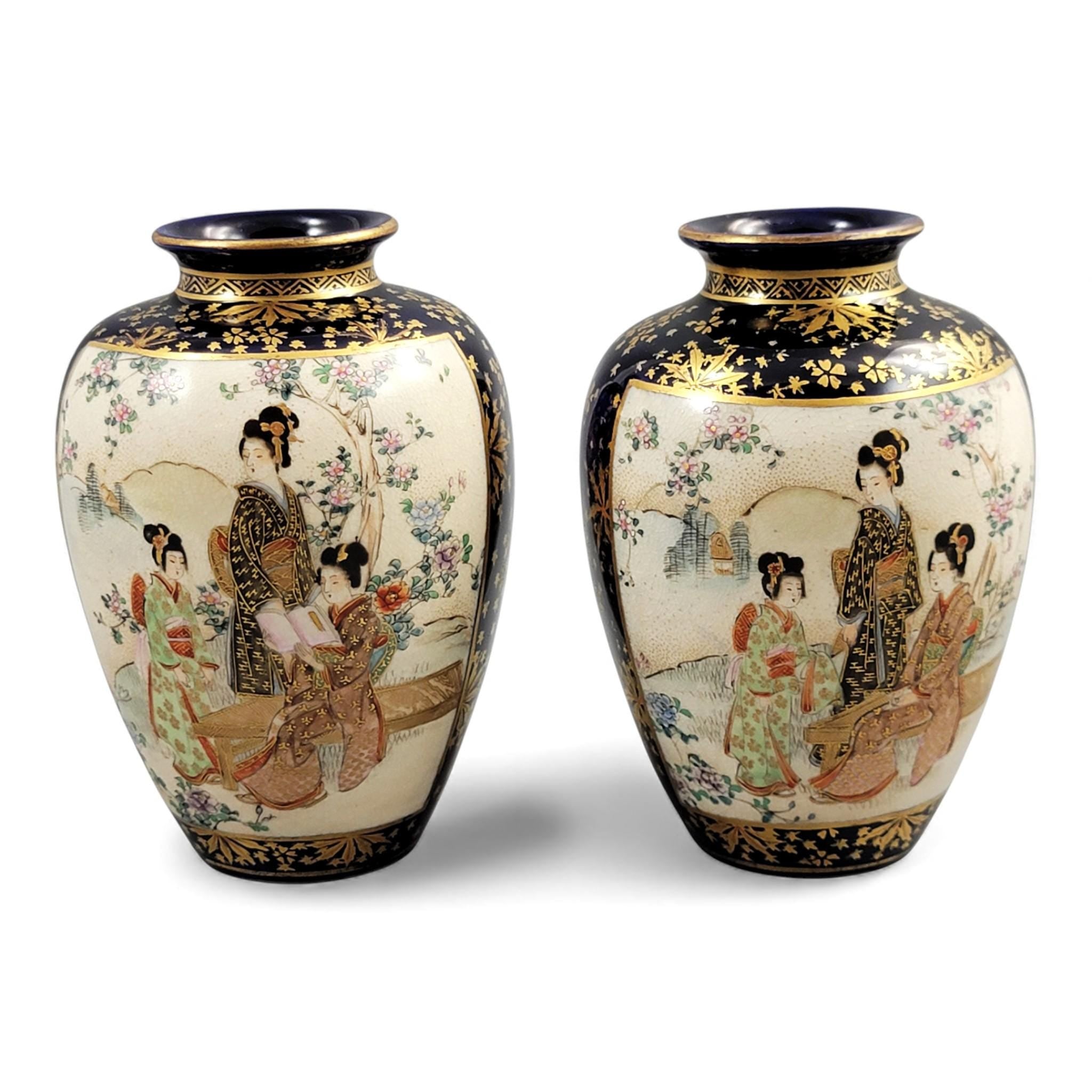 Kinkozan Kyoto Satsuma Cobalt & Gold Vase Pair Meiji Japan
