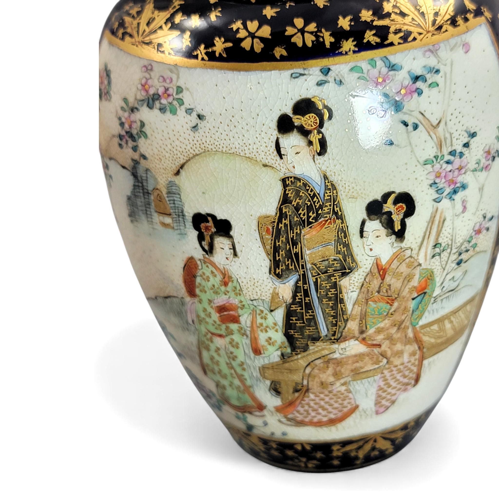 Kinkozan Kyoto Satsuma Cobalt & Gold Vase Pair Meiji Japan