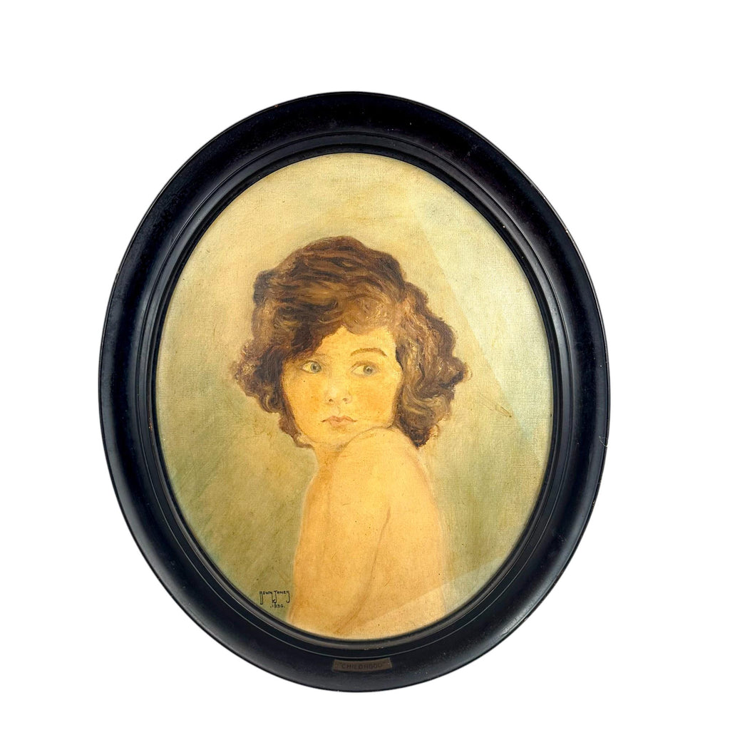 Painting “Childhood” – 1930 oil portrait by Bown Jones in oval ebonised frame