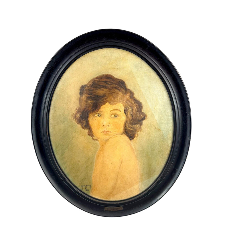 Painting “Childhood” – 1930 oil portrait by Bown Jones in oval ebonised frame