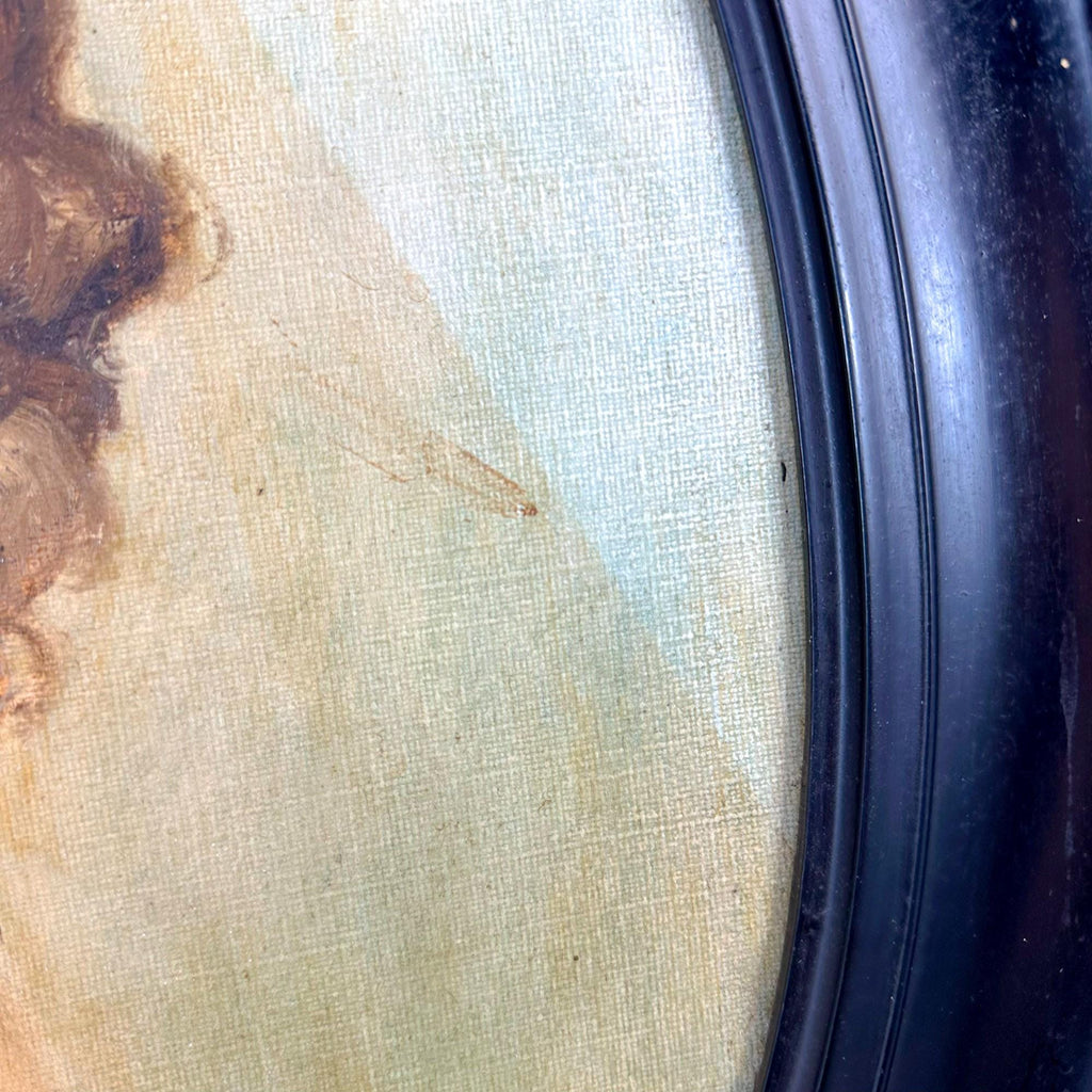 Painting “Childhood” – 1930 oil portrait by Bown Jones in oval ebonised frame