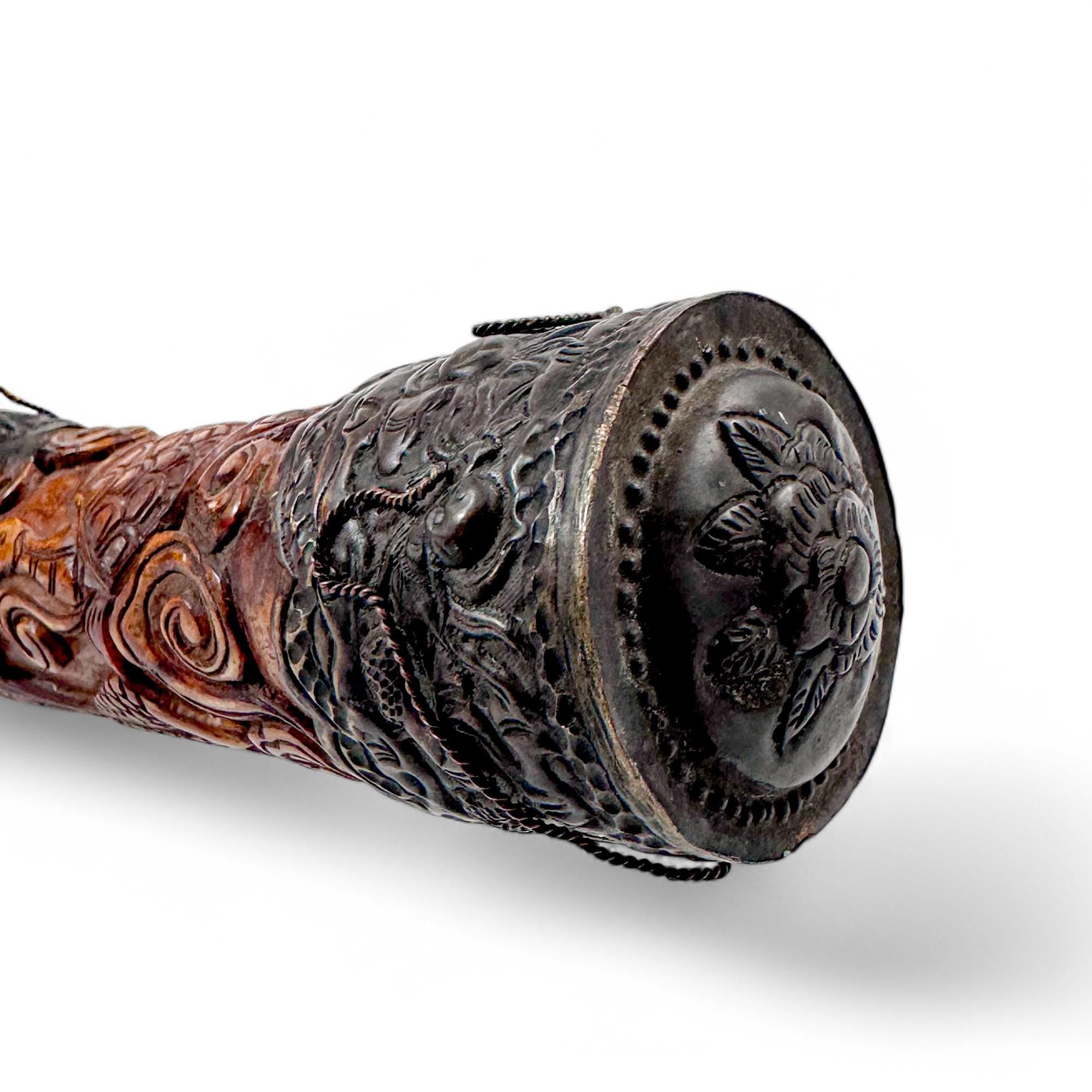 Antique Chinese carved bone ceremonial pipe with Guanyin & dragon, c.1880