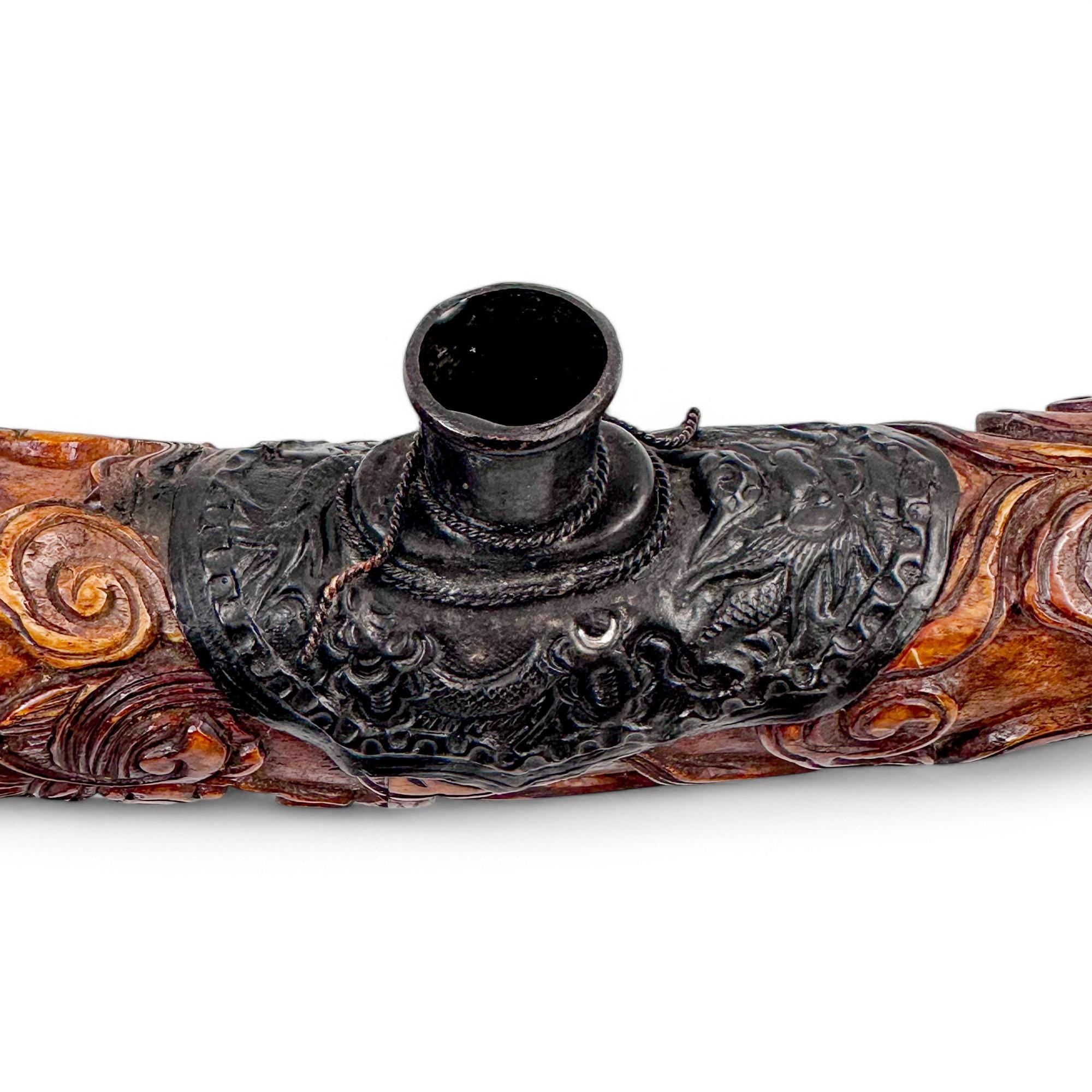 Antique Chinese carved bone ceremonial pipe with Guanyin & dragon, c.1880