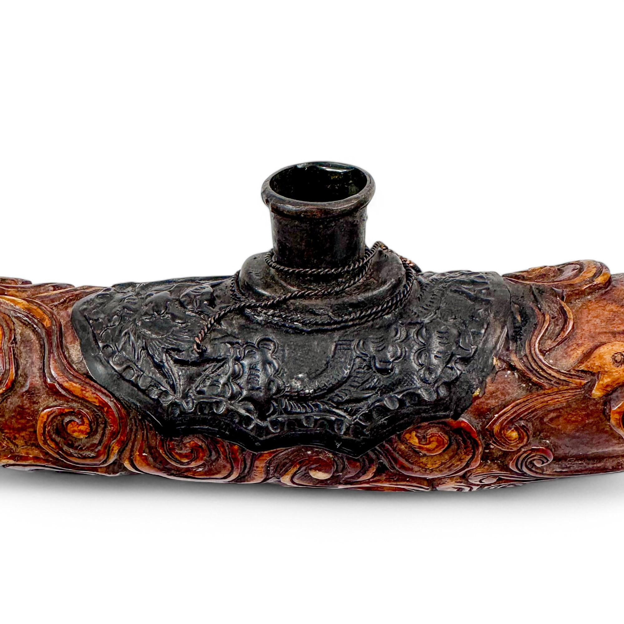 Antique Chinese carved bone ceremonial pipe with Guanyin & dragon, c.1880