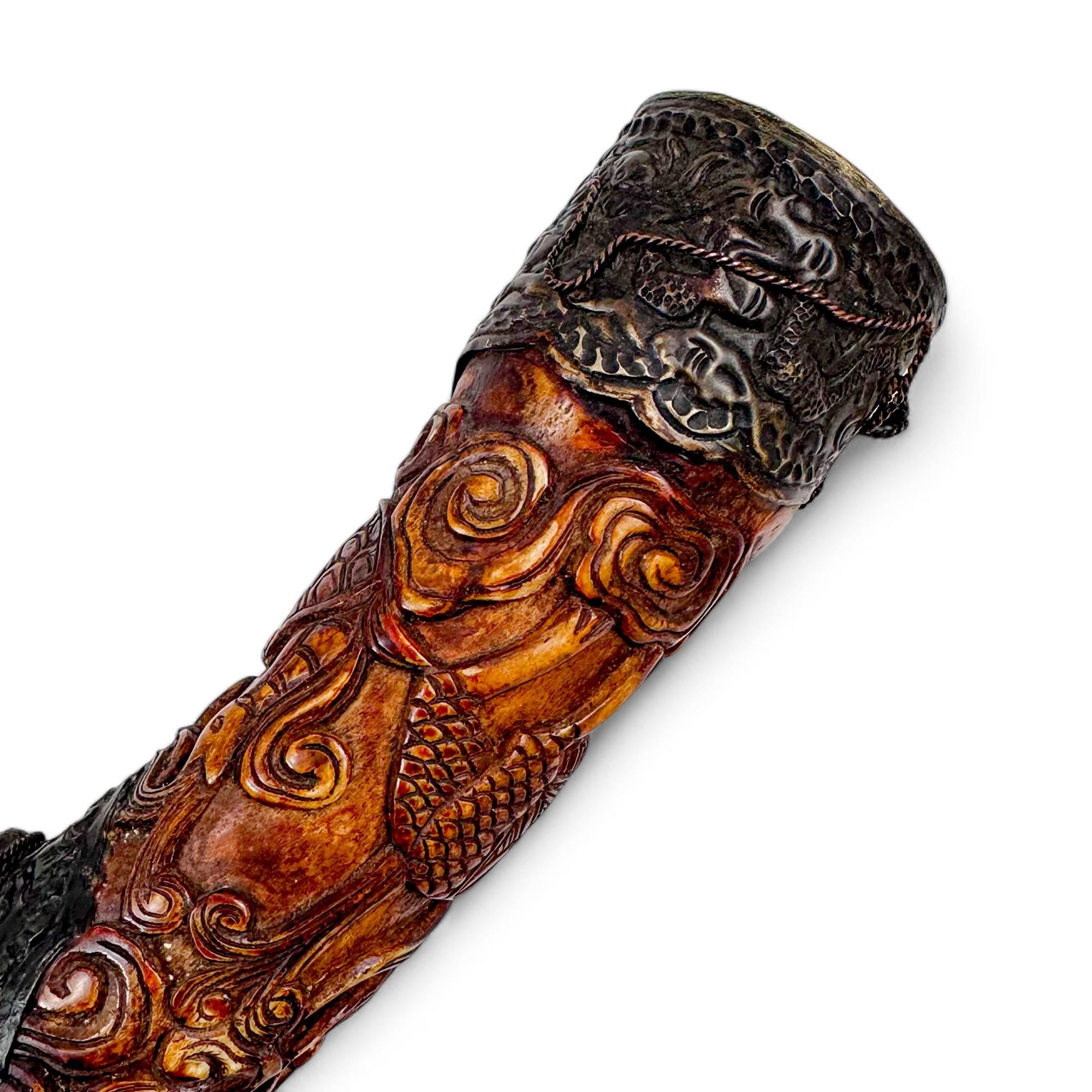 Antique Chinese carved bone ceremonial pipe with Guanyin & dragon, c.1880