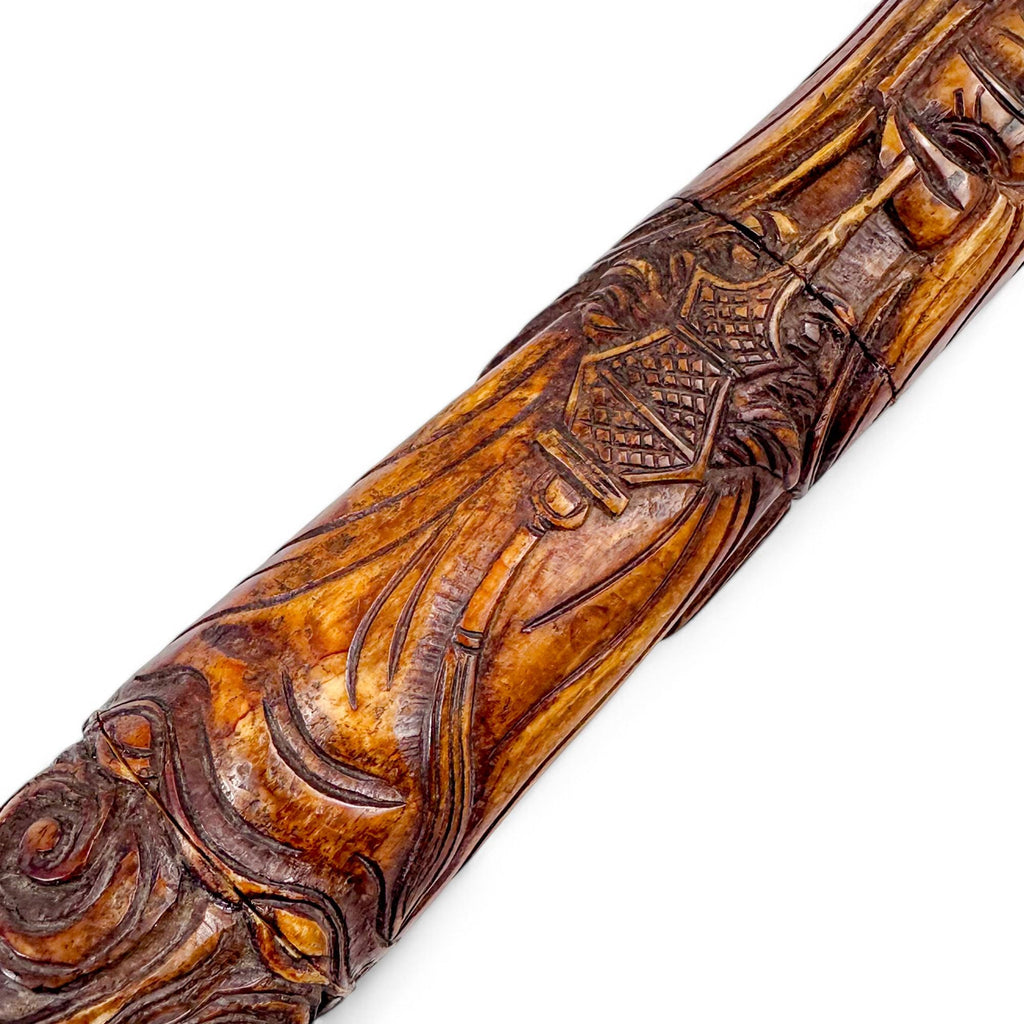 Antique Chinese carved bone ceremonial pipe with Guanyin & dragon, c.1880