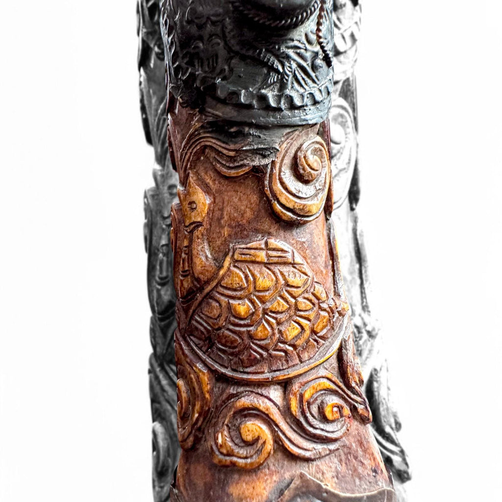 Antique Chinese carved bone ceremonial pipe with Guanyin & dragon, c.1880