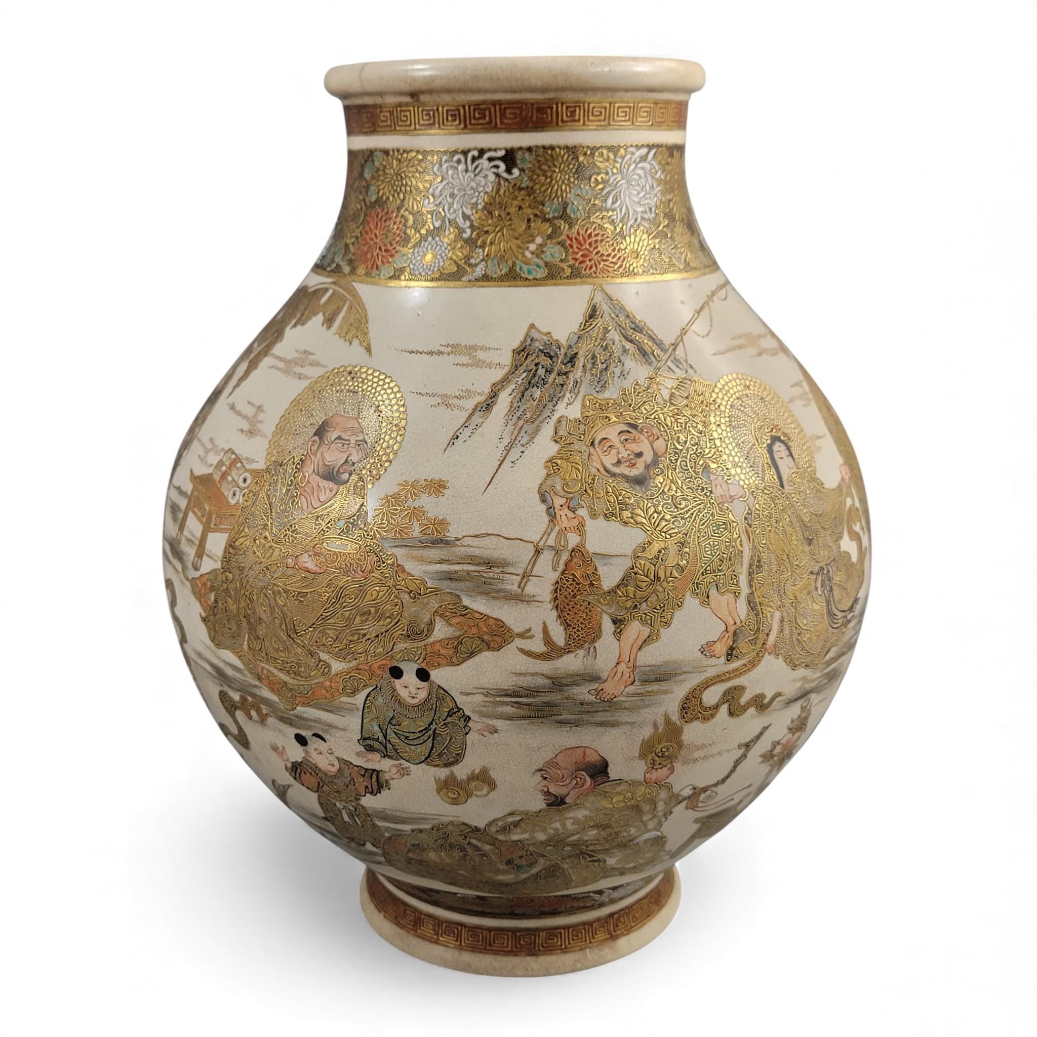 Monumental Kyoto Satsuma vase with immortals and scholars, signed Seiko-en Chokei, Meiji period