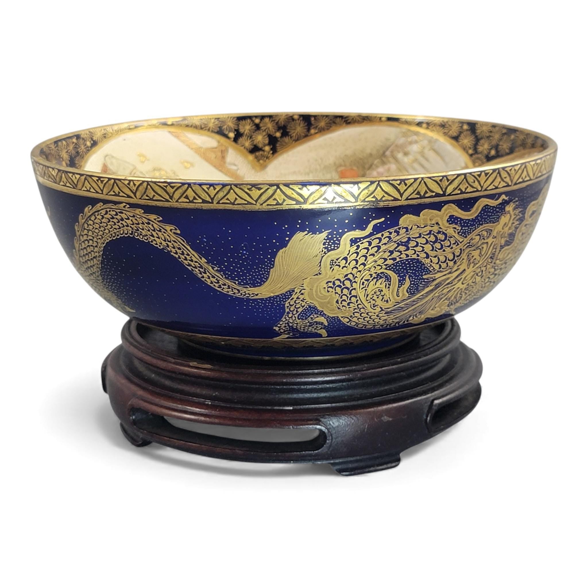 Japanese Satsuma Kyoto dragon bowl, cobalt and gilt, Meiji era