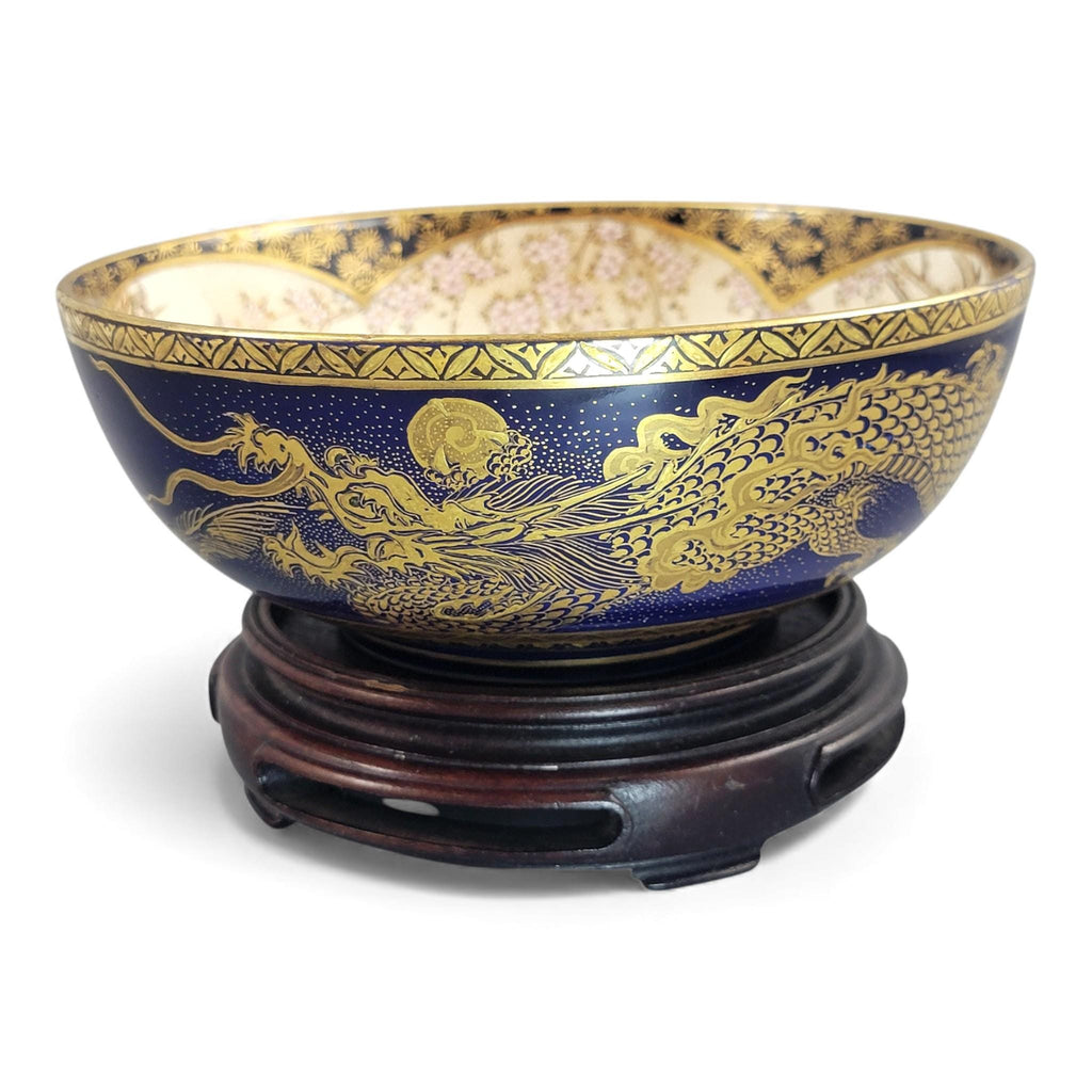 Japanese Satsuma Kyoto dragon bowl, cobalt and gilt, Meiji era