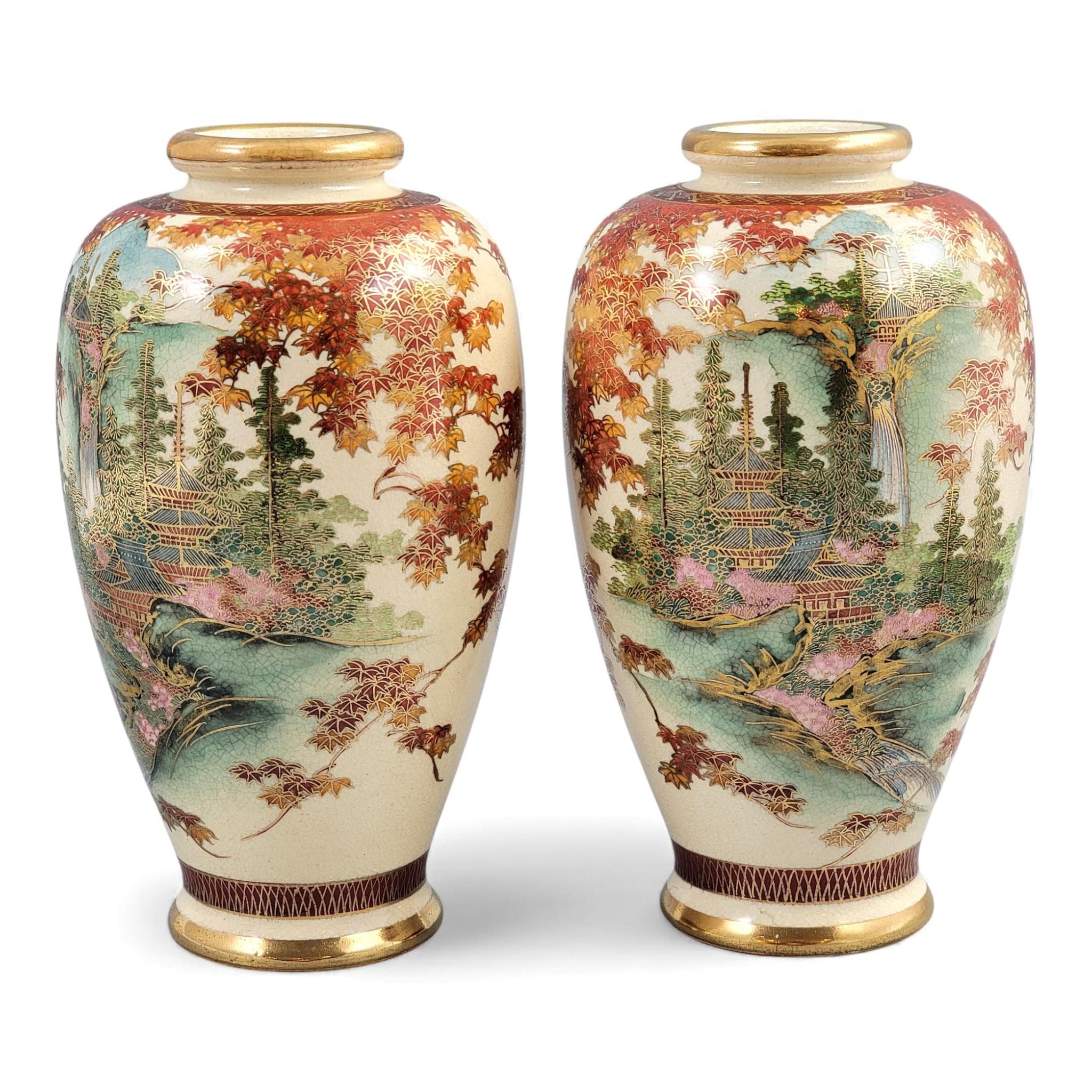 Pair of Kyoto Satsuma landscape vases, Meiji period