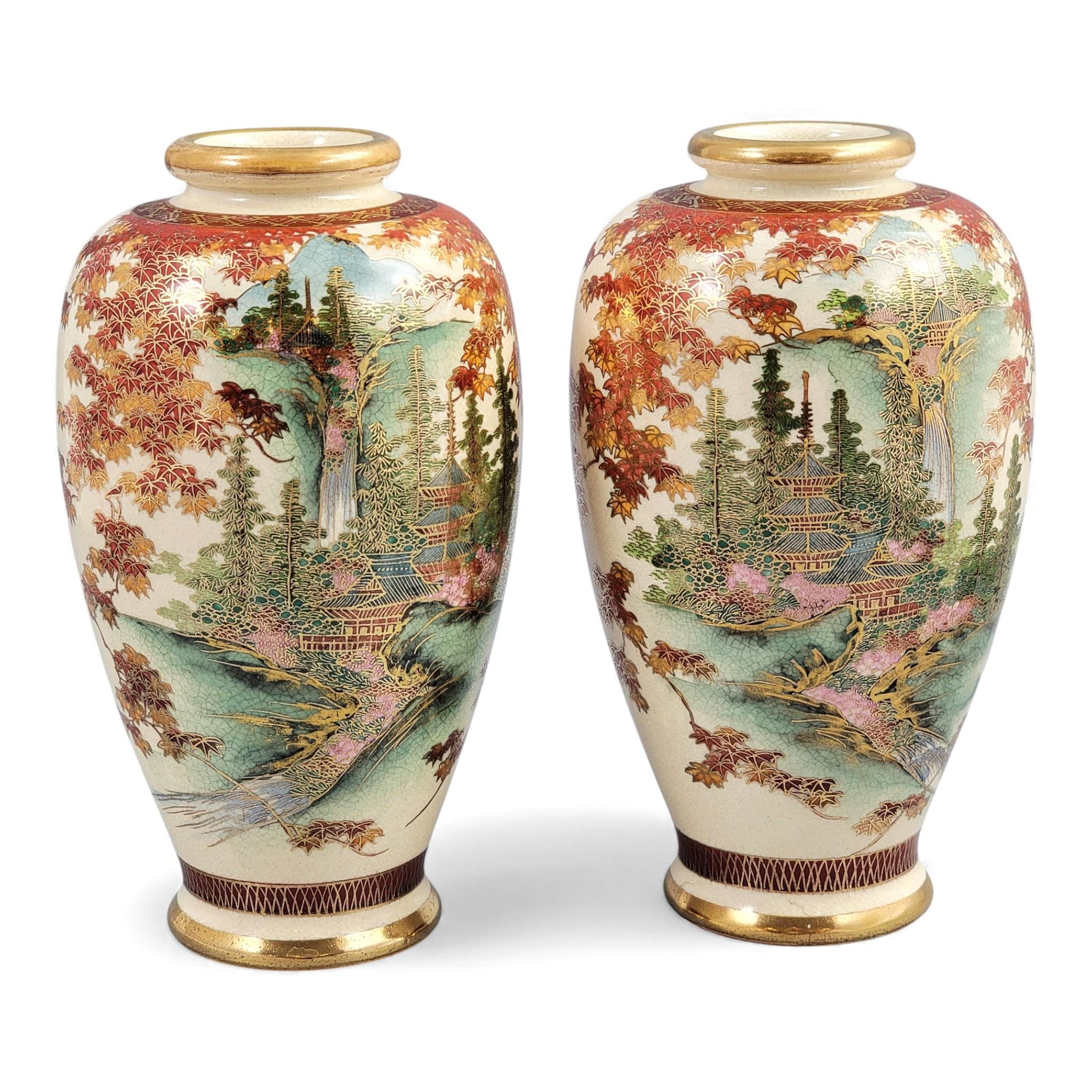 Pair of Kyoto Satsuma landscape vases, Meiji period