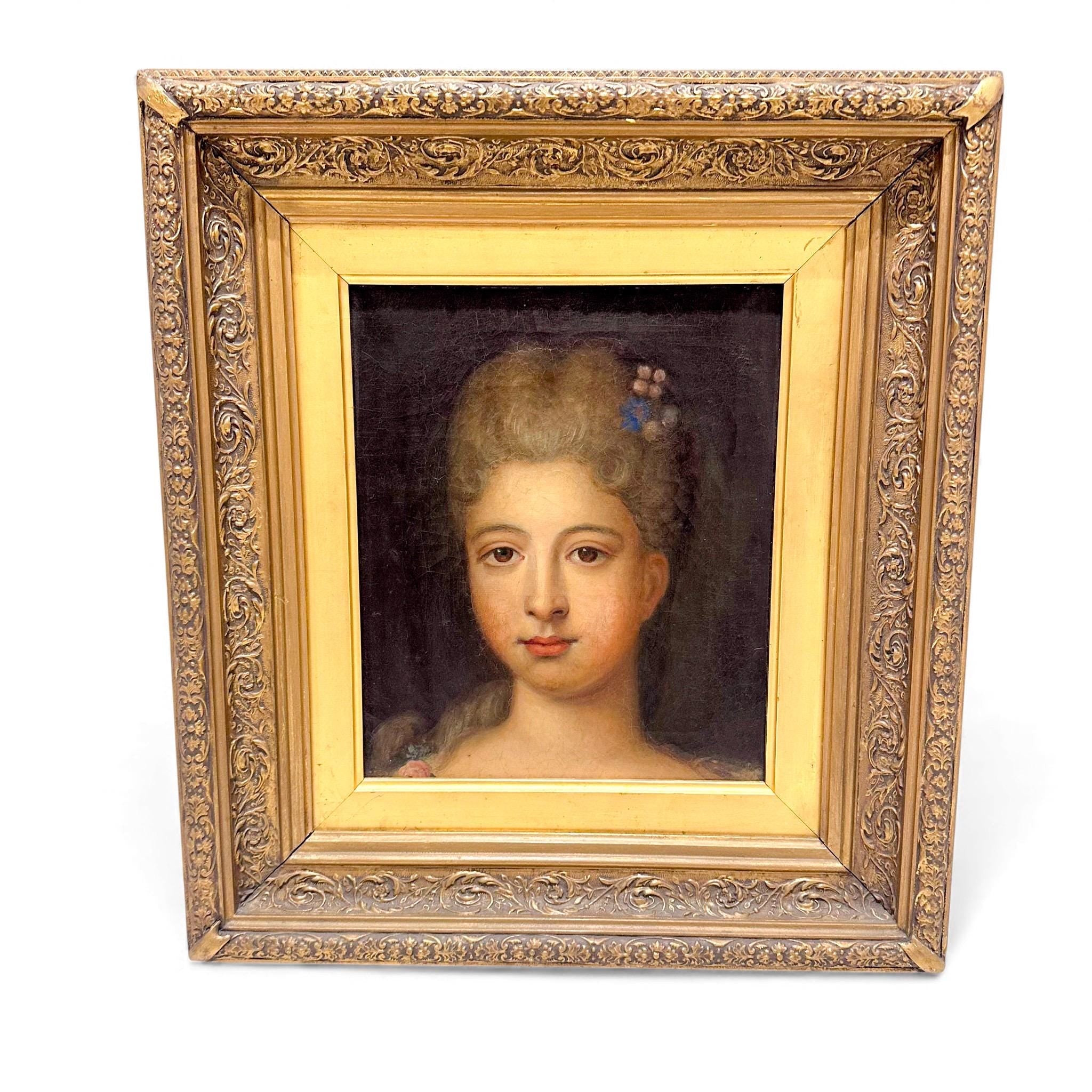 19th-century oil portrait in the style of Jean-Marc Nattier, Rococo revival framed painting