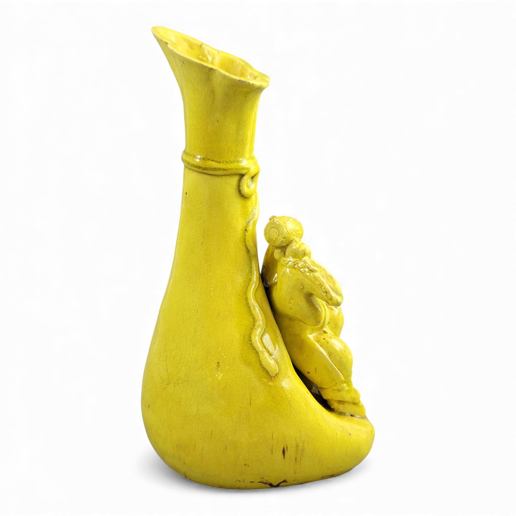 Large antique Shiwan yellow Hotei figure vase, late 19th century, sculptural Chinese ceramic