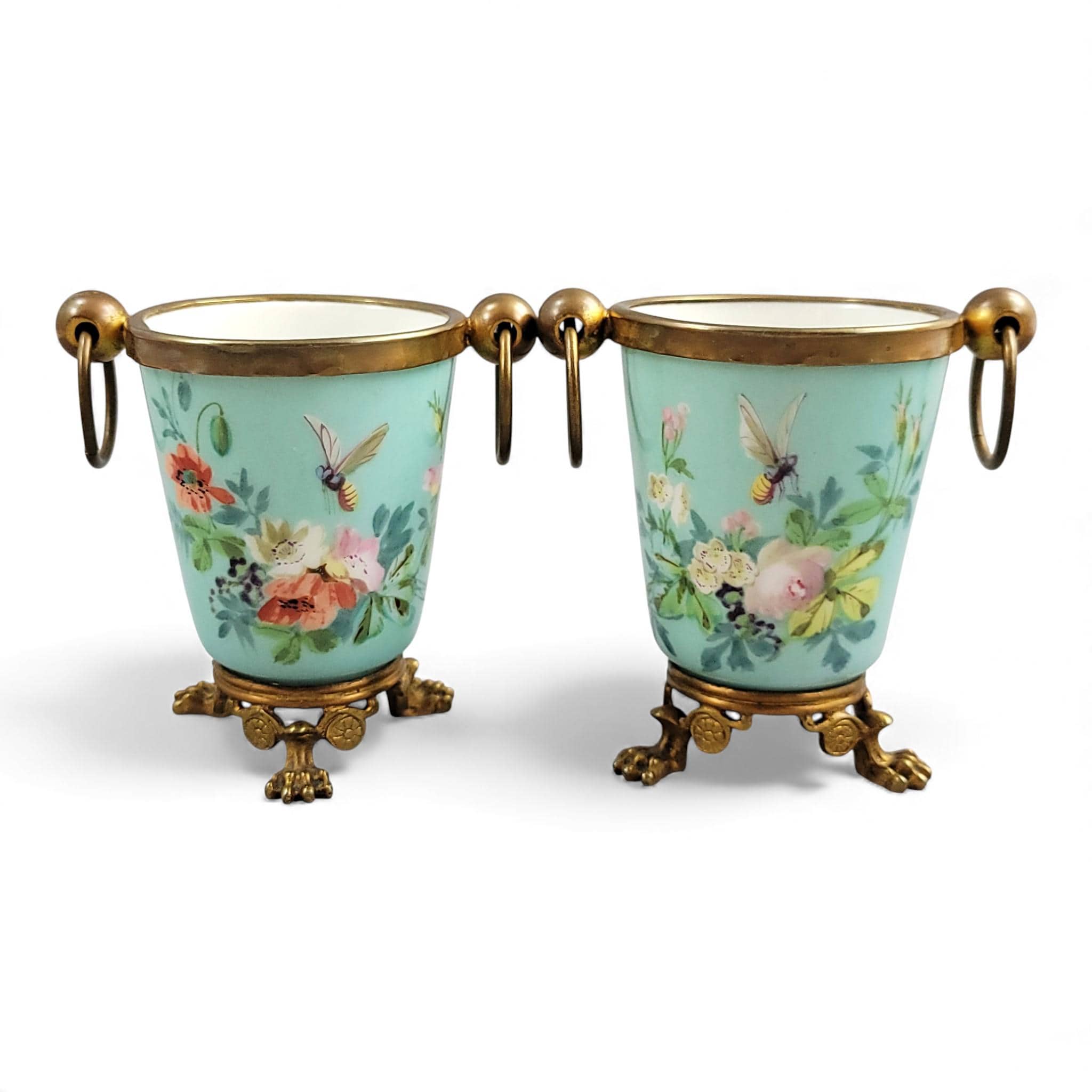 Old Paris turquoise cache-pots with bronze mounts c.1835–1850, French decorative pair
