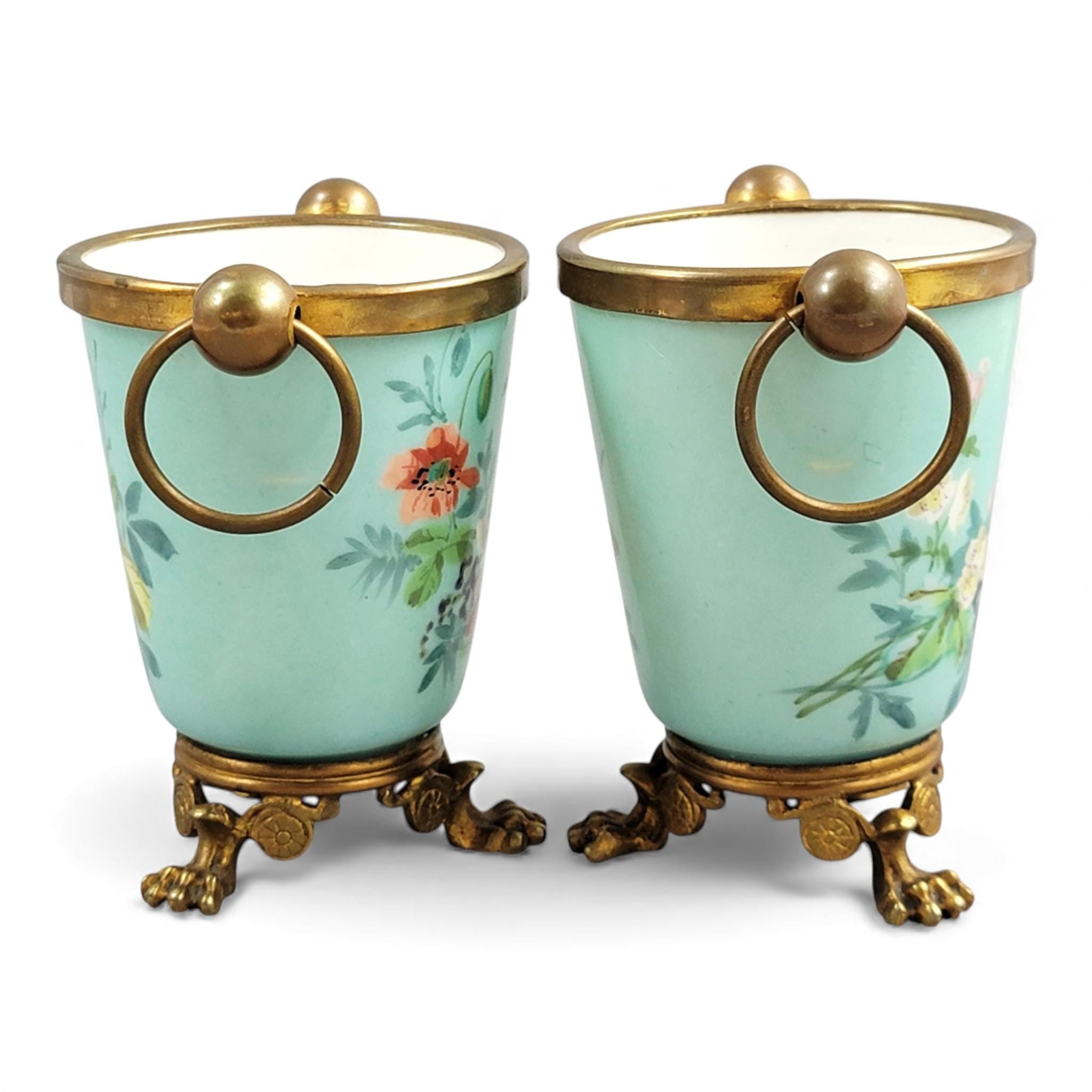 Old Paris turquoise cache-pots with bronze mounts c.1835–1850, French decorative pair