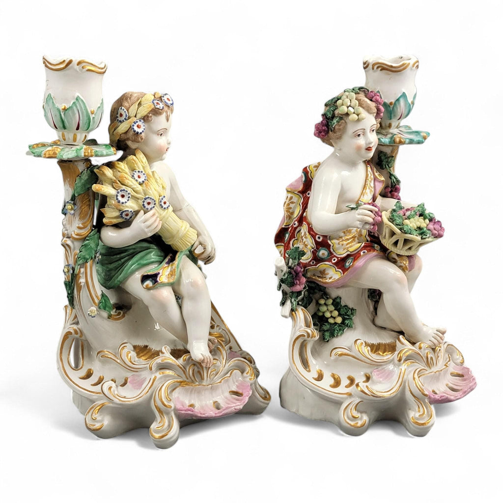 Chelsea porcelain Summer and Autumn candlesticks, late 18th century Four Seasons pair c.1775–1783