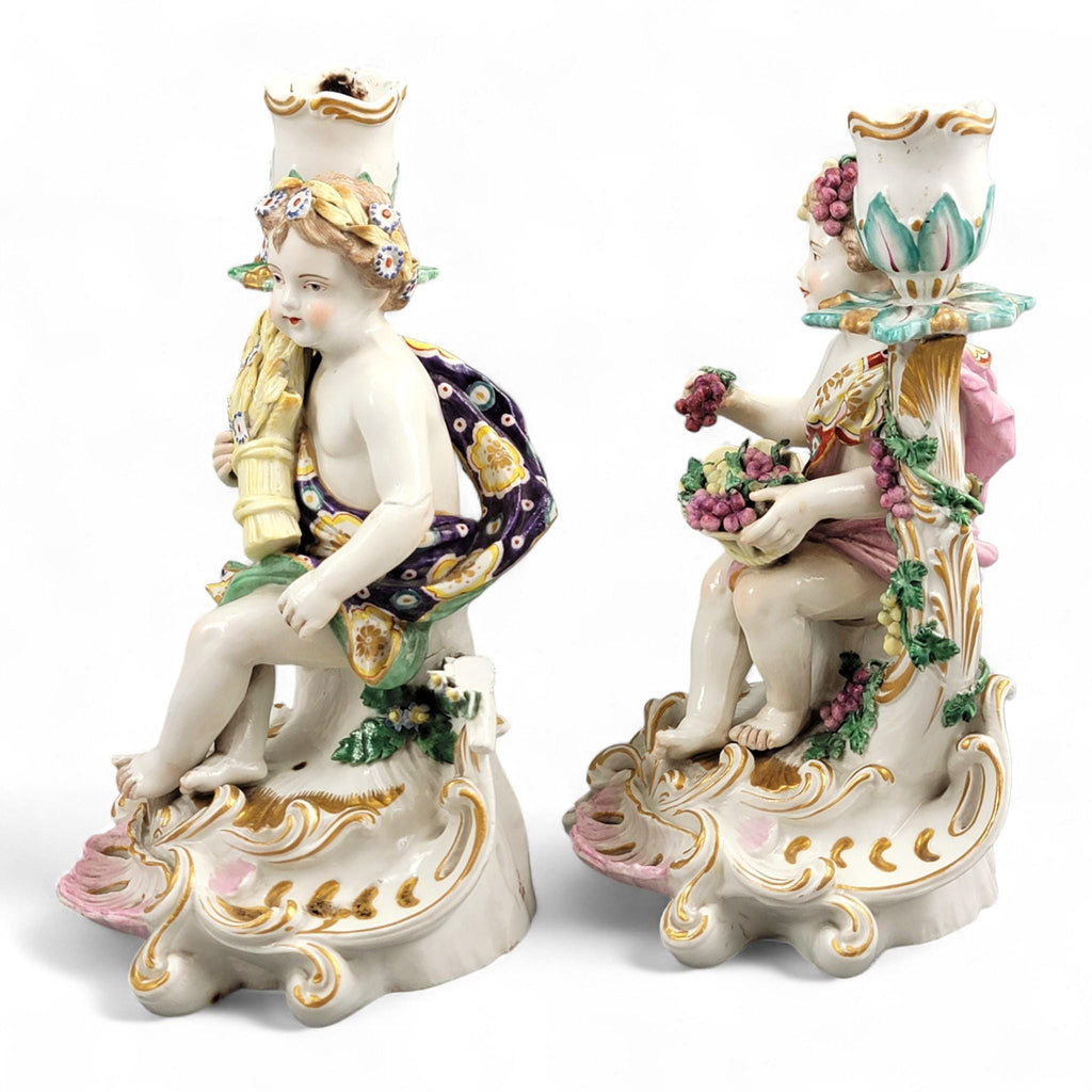 Chelsea porcelain Summer and Autumn candlesticks, late 18th century Four Seasons pair c.1775–1783