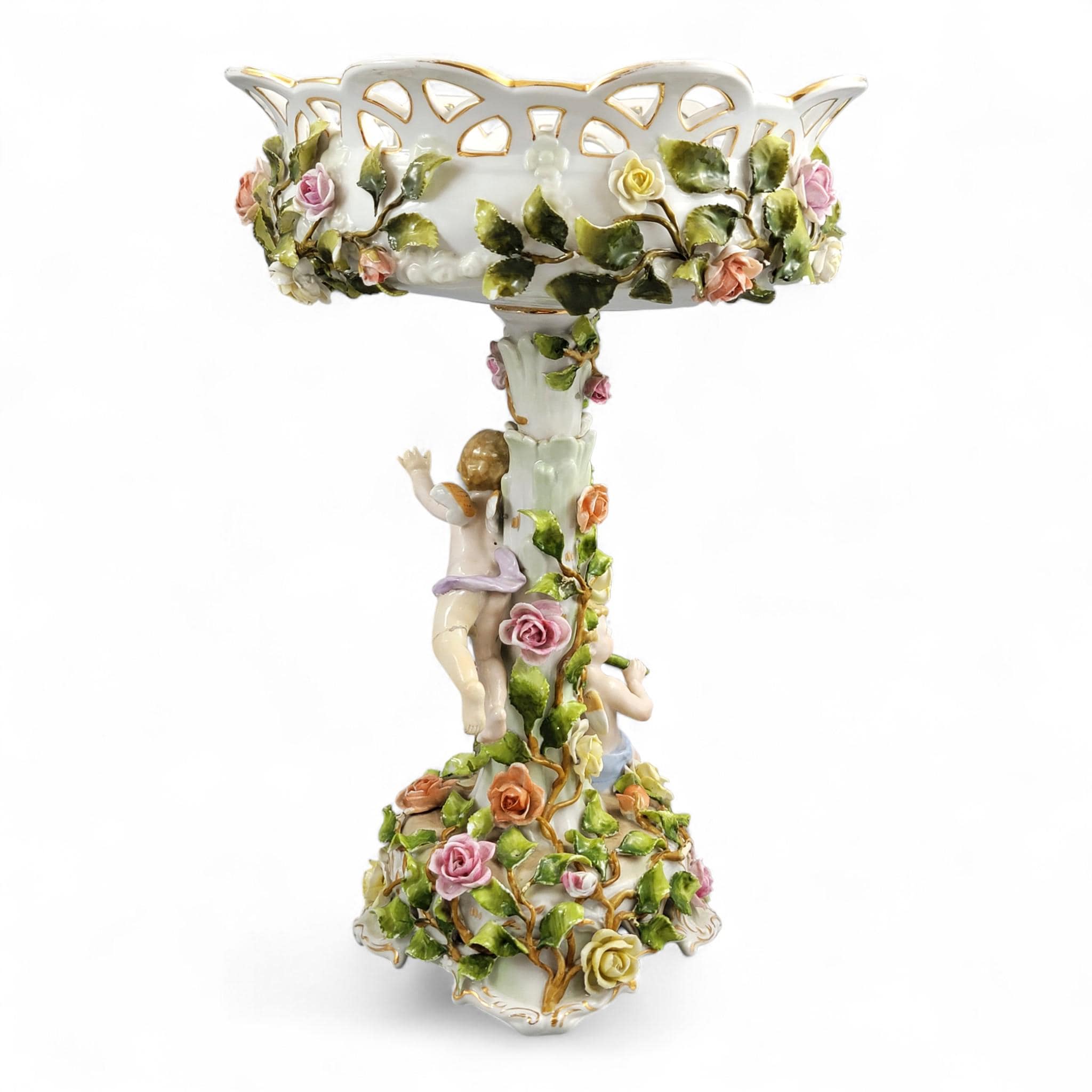 Large Schierholz Plaue floral centrepiece with putti, Dresden style porcelain, c.1907