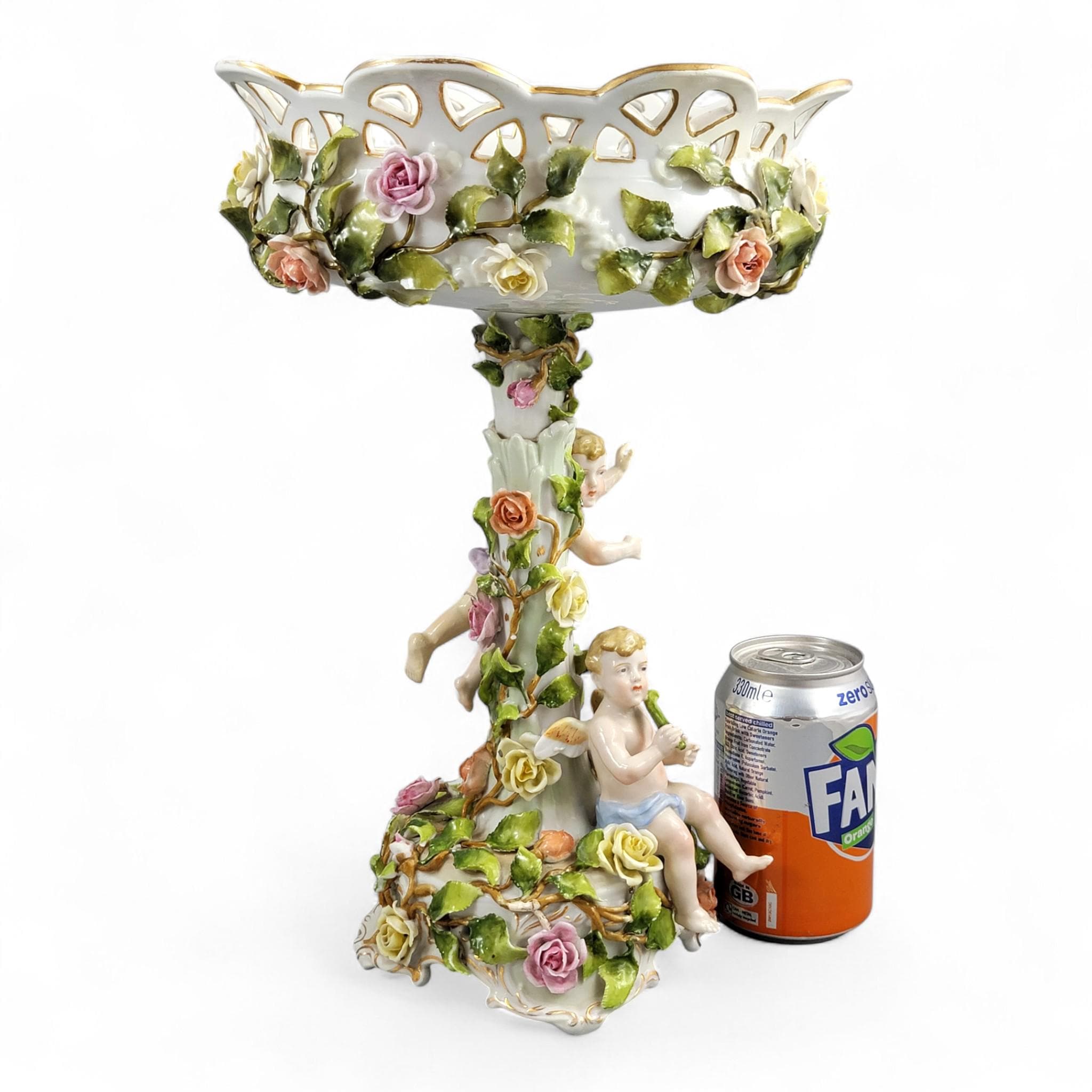 Large Schierholz Plaue floral centrepiece with putti, Dresden style porcelain, c.1907