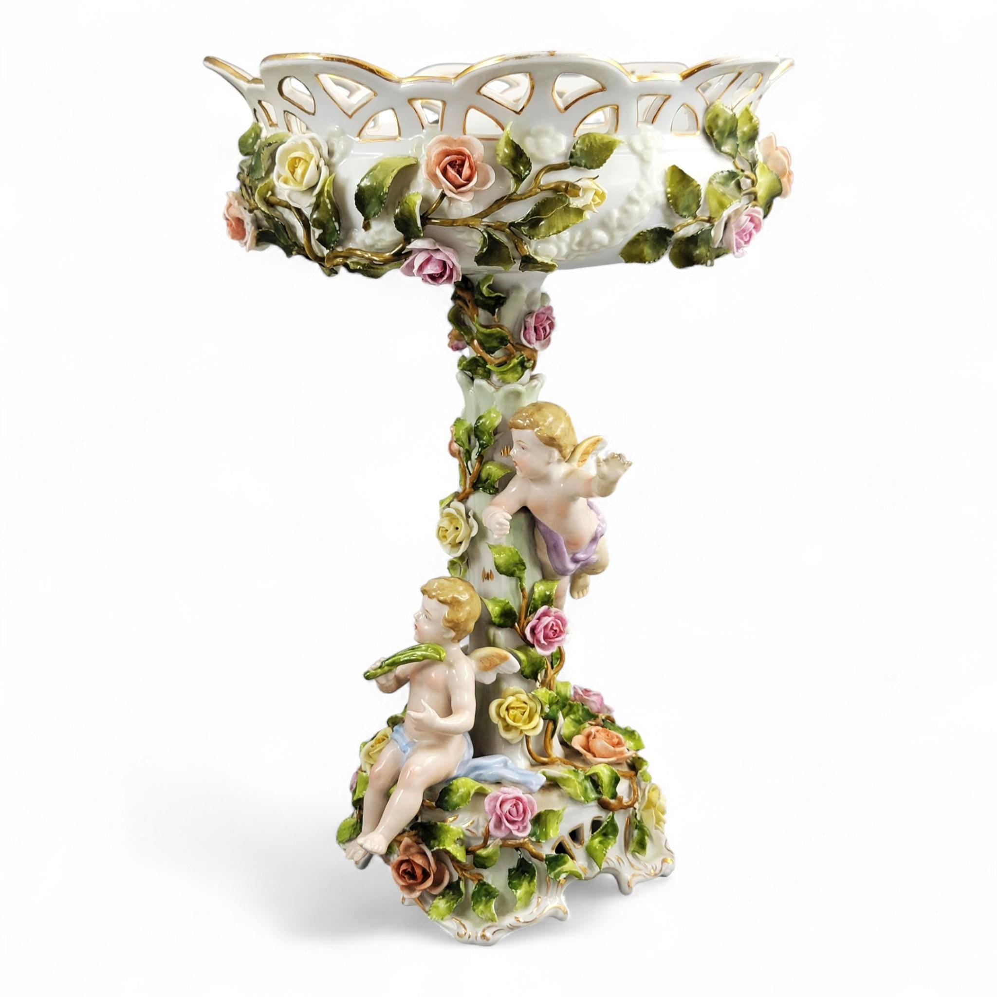 Large Schierholz Plaue floral centrepiece with putti, Dresden style porcelain, c.1907