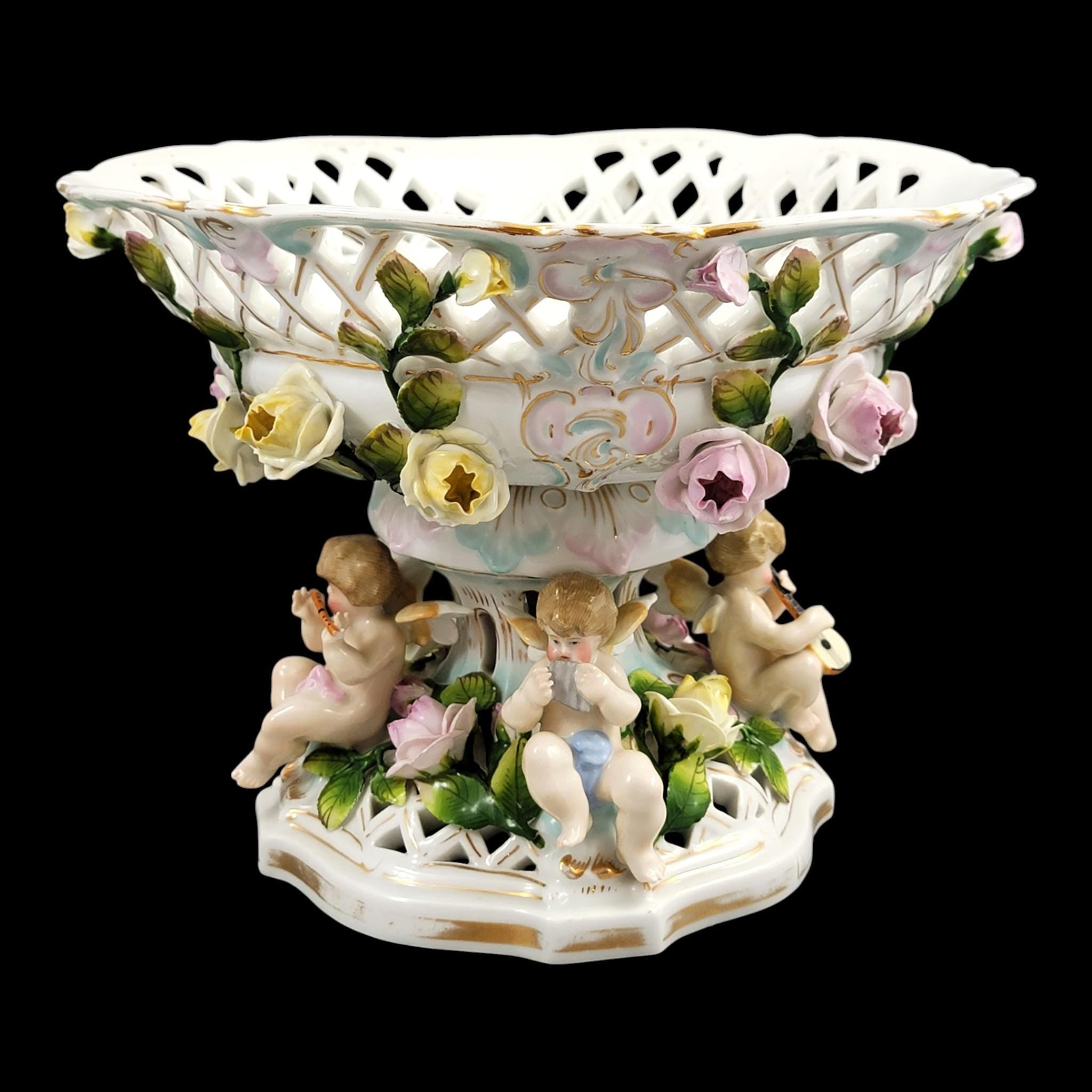Large Schierholz Plaue floral centrepiece with putti, Dresden style porcelain, c.1907