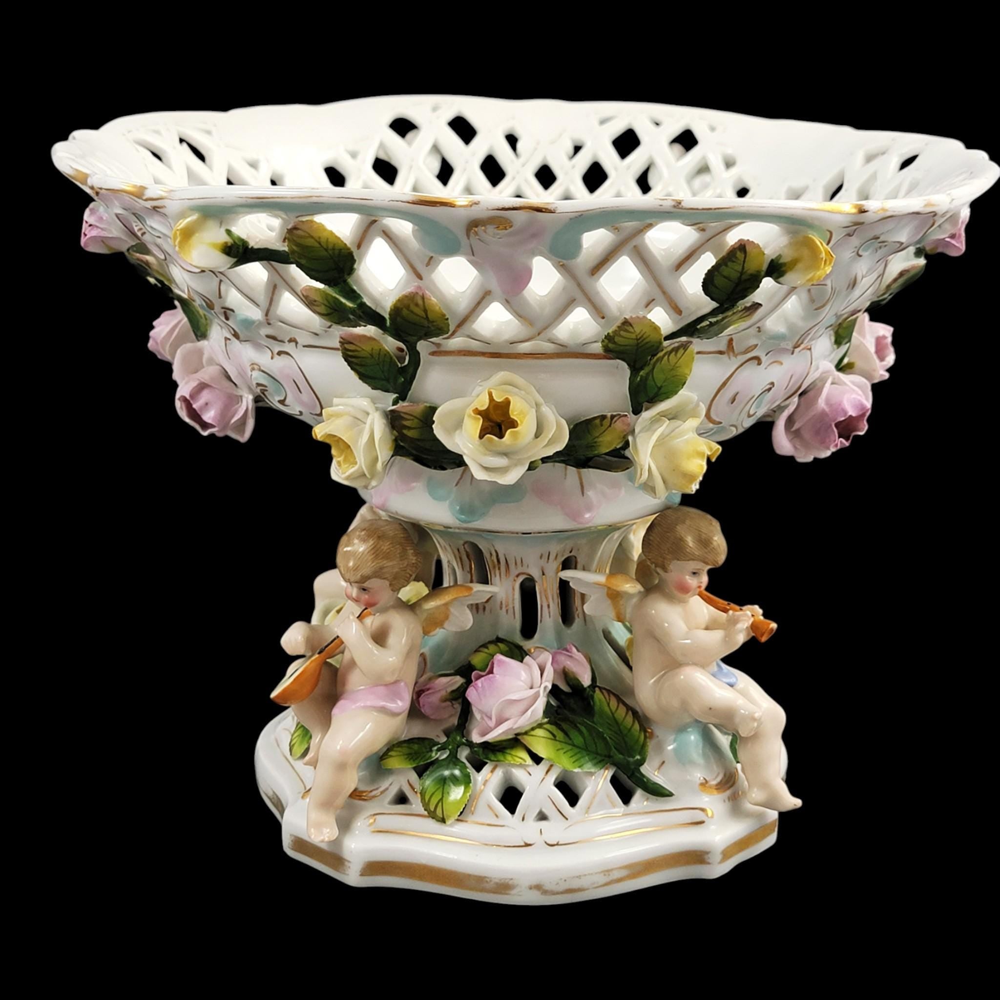 Large Schierholz Plaue floral centrepiece with putti, Dresden style porcelain, c.1907