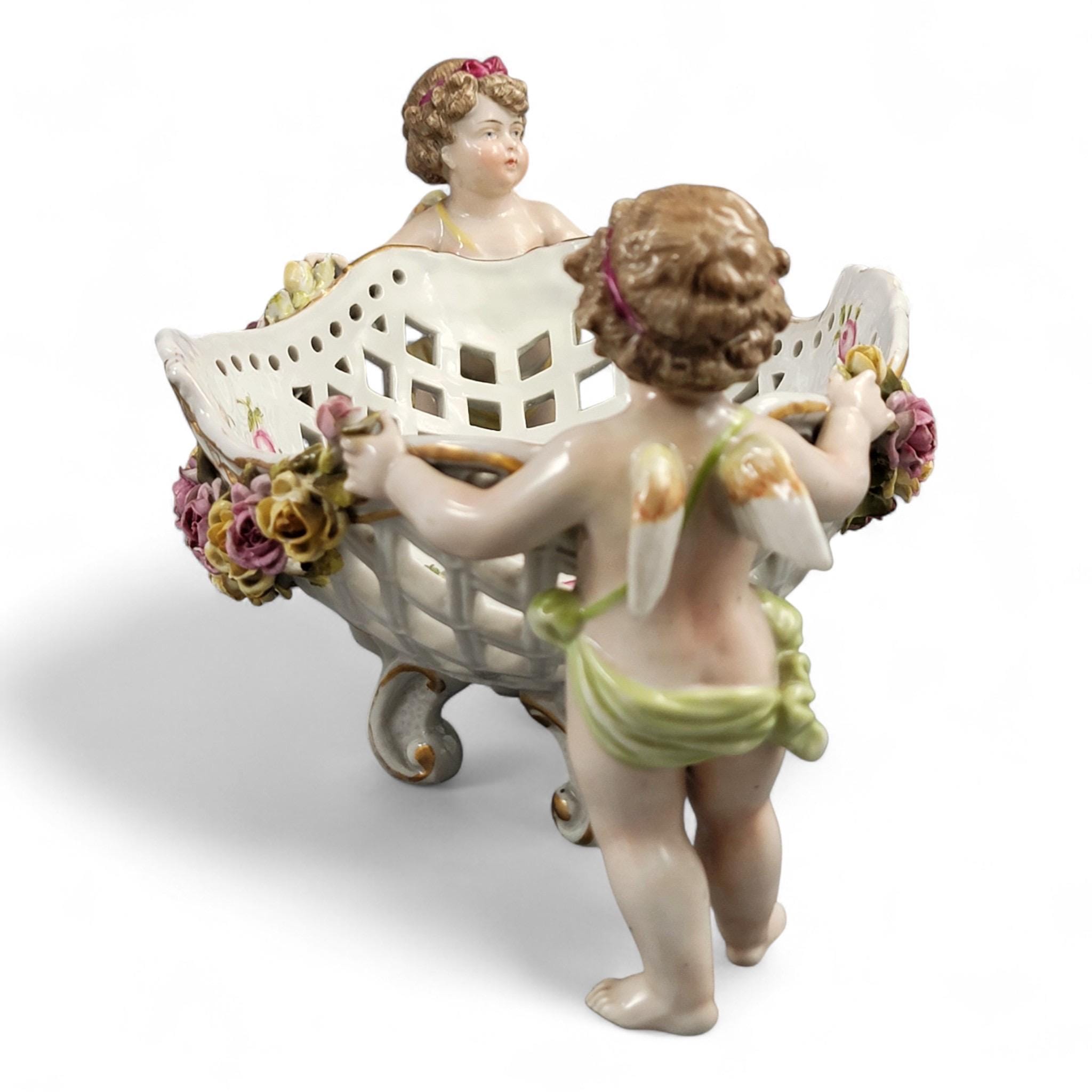 Schierholz Plaue Cherub Centrepiece with Applied Roses, Rococo Basket, c.1907