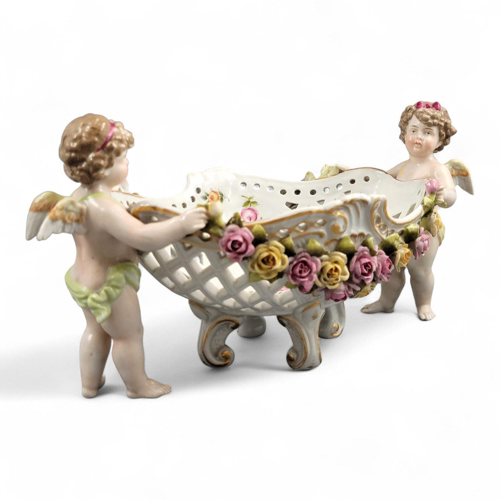 Schierholz Plaue Cherub Centrepiece with Applied Roses, Rococo Basket, c.1907