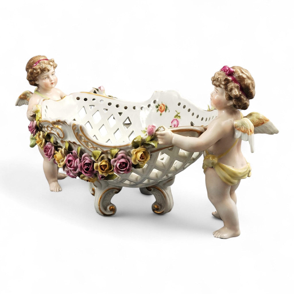 Schierholz Plaue Cherub Centrepiece with Applied Roses, Rococo Basket, c.1907