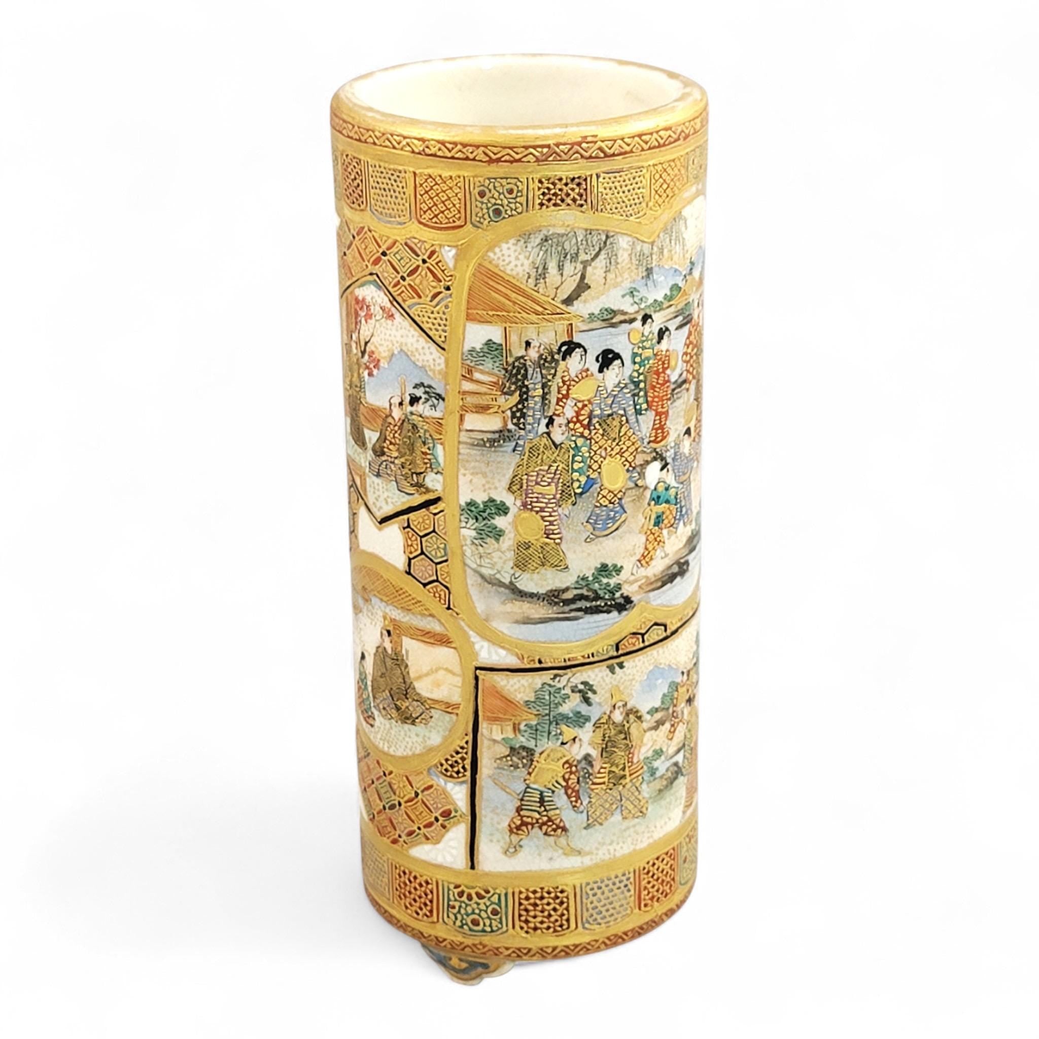 Antique Meiji Japanese Satsuma Vase with Samurai & Ladies, Cylindrical Form, Shimazu Mark